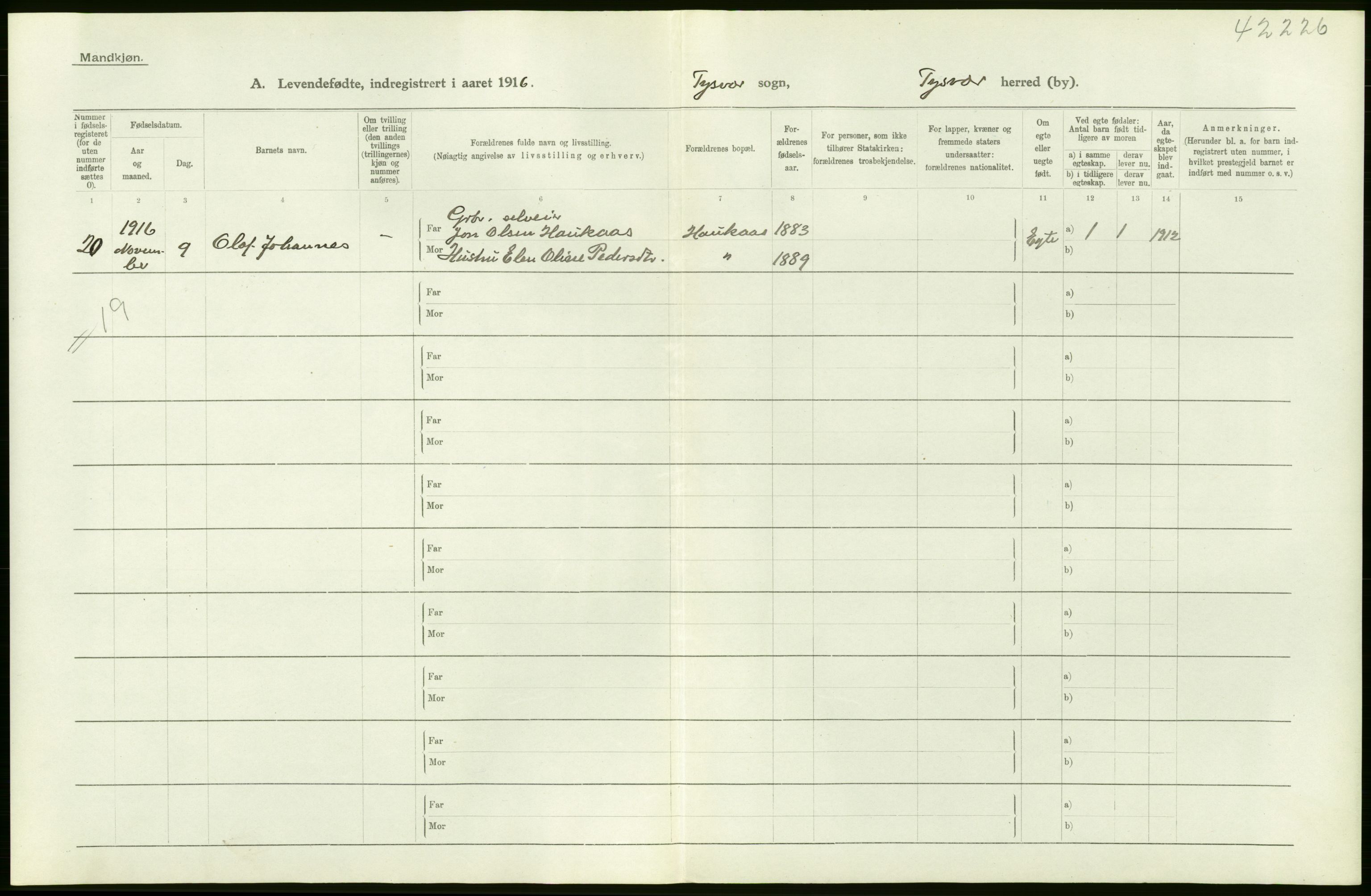 Statistisk sentralbyrå, Sosiodemografiske emner, Befolkning, AV/RA-S-2228/D/Df/Dfb/Dfbf/L0029: Stavanger amt: Levendefødte menn og kvinner. Bygder., 1916, s. 24