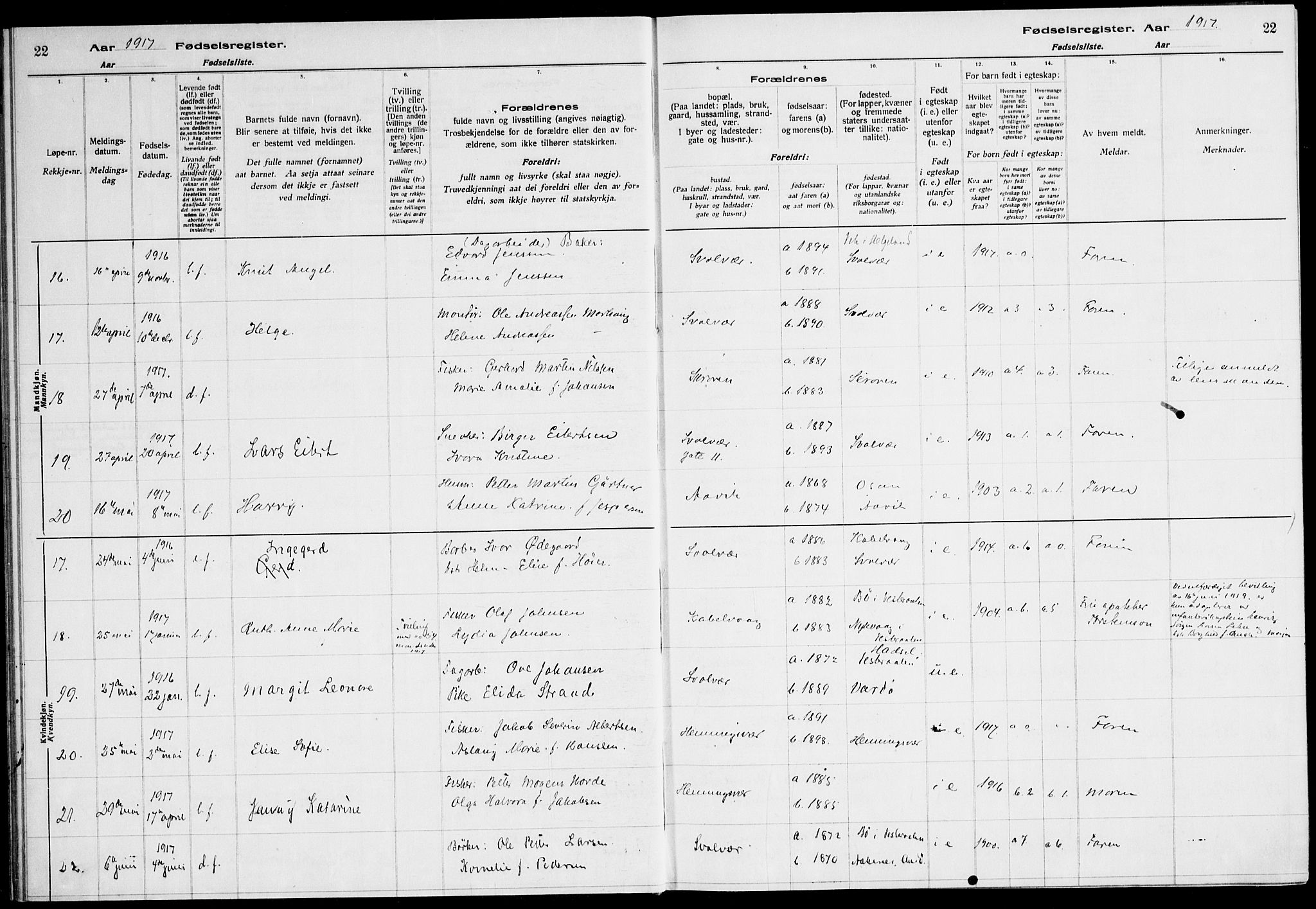 Ministerialprotokoller, klokkerbøker og fødselsregistre - Nordland, SAT/A-1459/874/L1089: Fødselsregister nr. 874.II.4.1, 1916-1926, s. 22