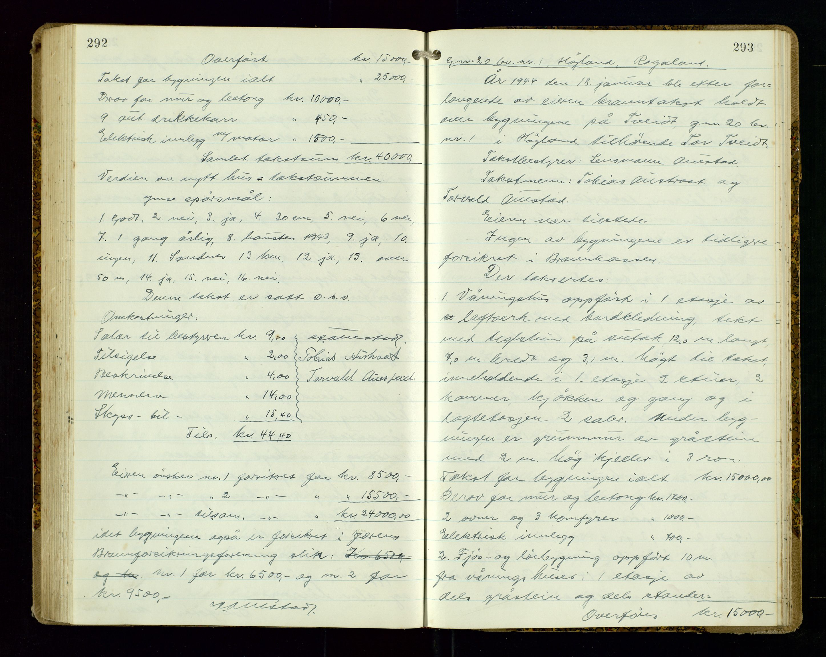 Høyland/Sandnes lensmannskontor, AV/SAST-A-100166/Goa/L0008: "Branntakstprotokoll", 1943-1944, s. 292-293