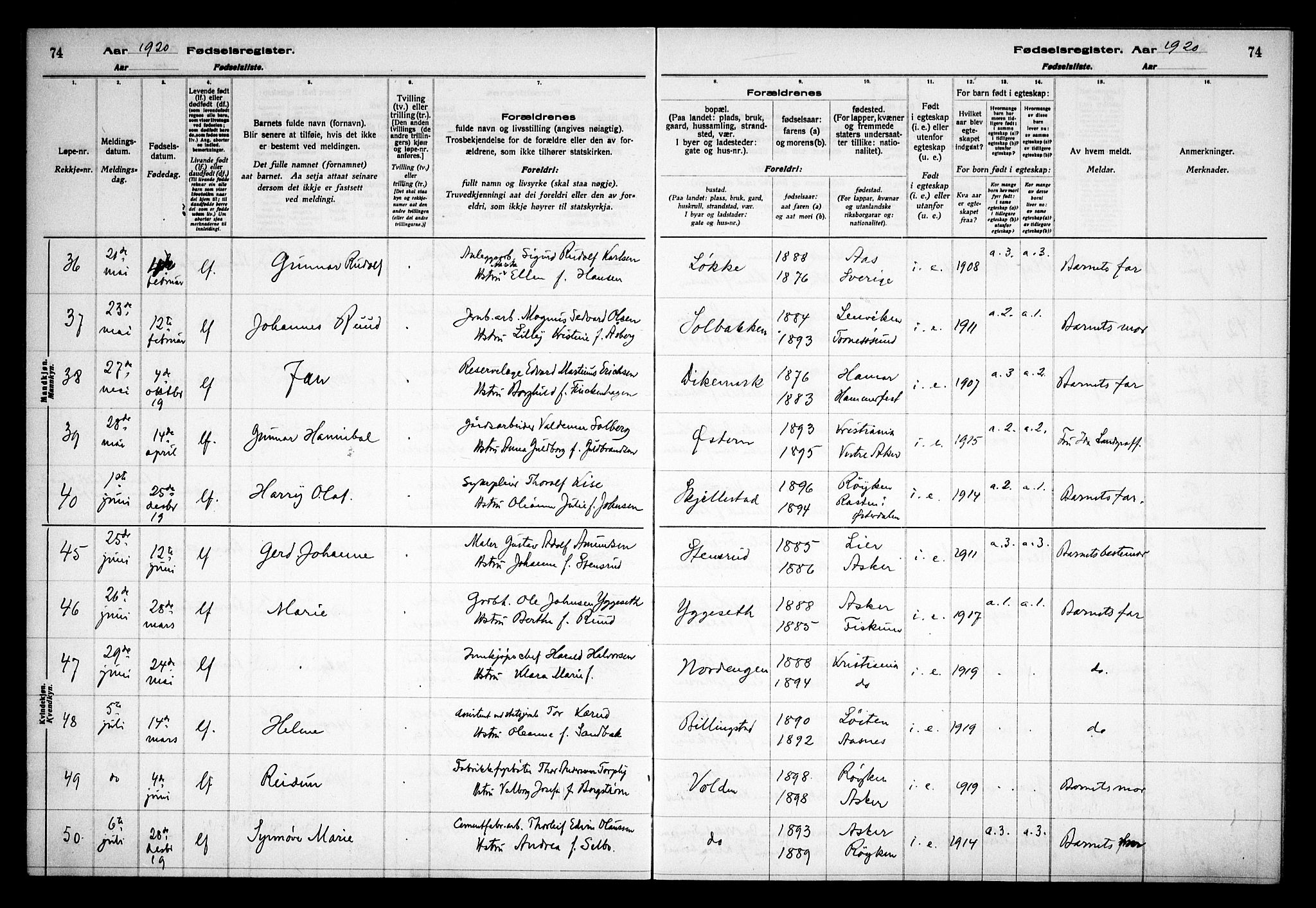 Asker prestekontor Kirkebøker, SAO/A-10256a/J/L0001: Fødselsregister nr. 1, 1916-1925, s. 74