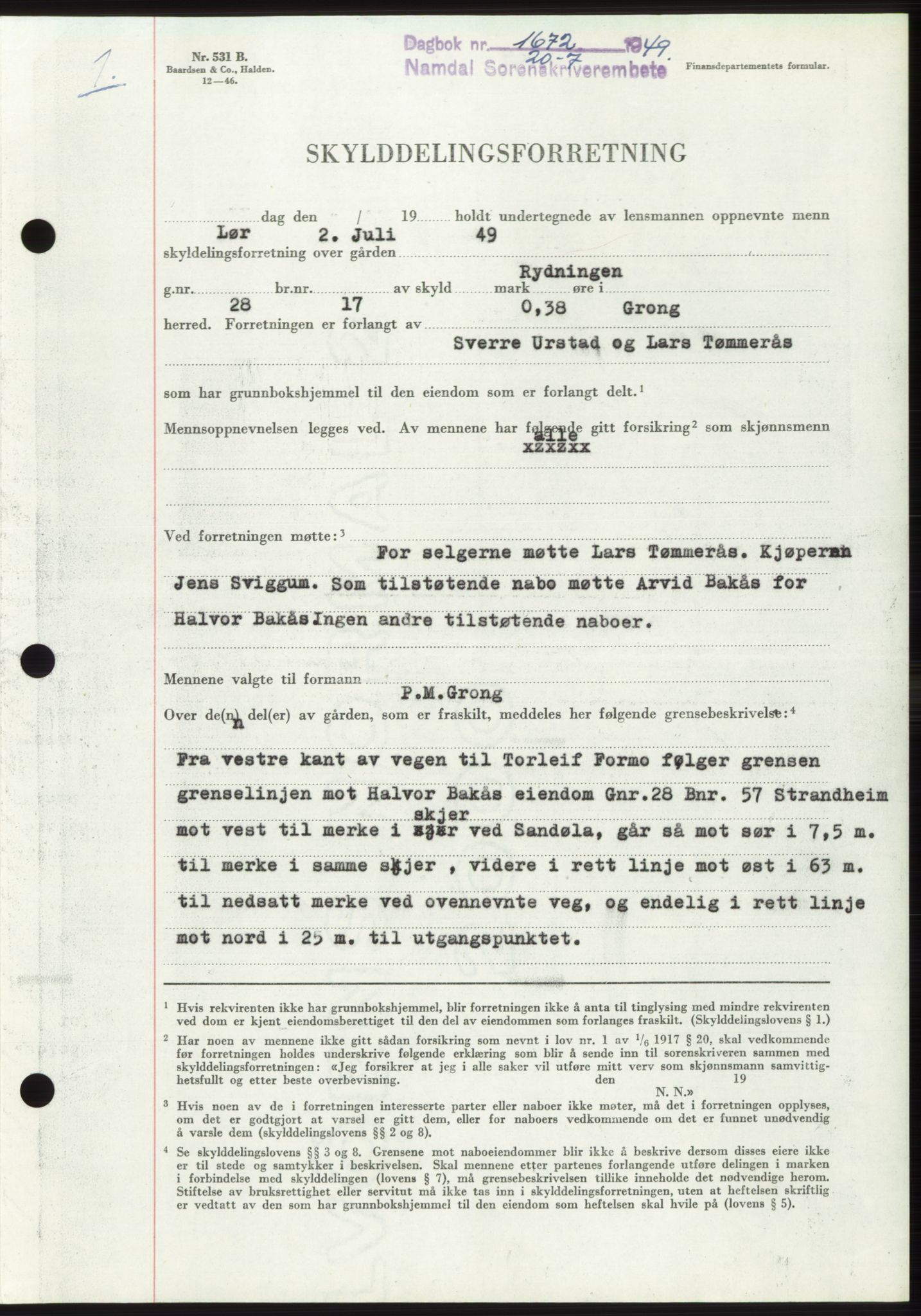 Namdal sorenskriveri, SAT/A-4133/1/2/2C: Pantebok nr. -, 1949-1949, Dagboknr: 1672/1949