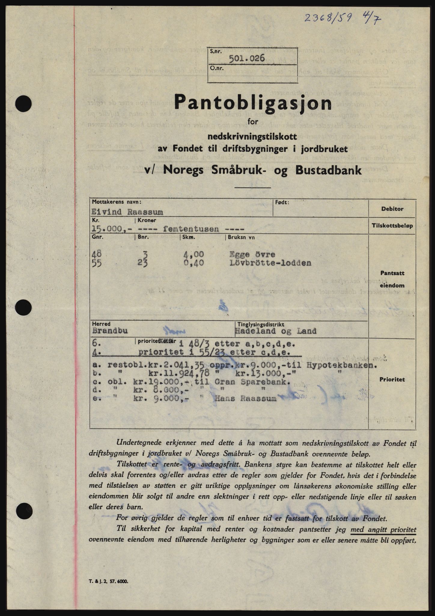 Hadeland og Land tingrett, SAH/TING-010/H/Hb/Hbc/L0040: Pantebok nr. B40, 1959-1959, Dagboknr: 2368/1959