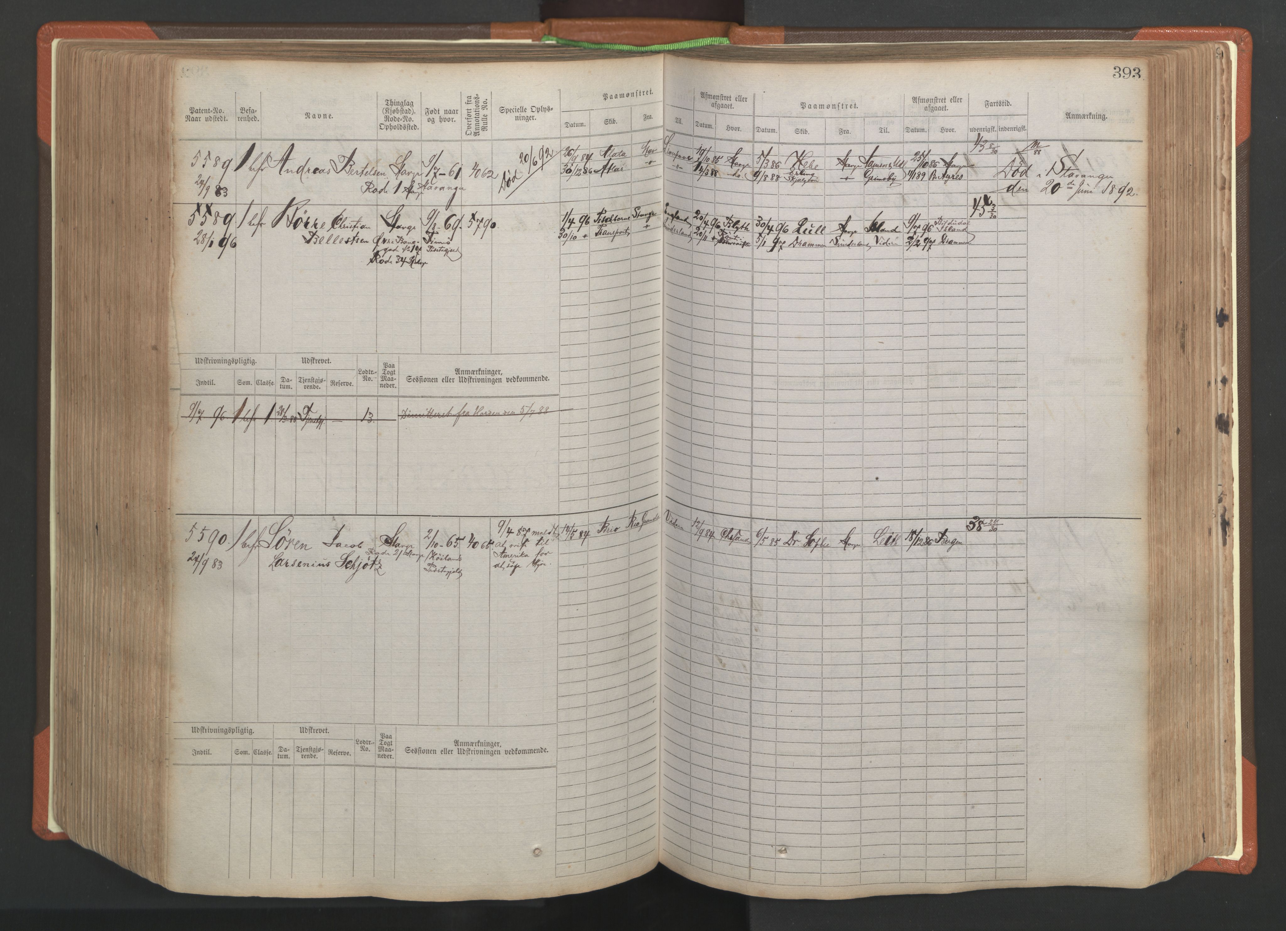 Stavanger sjømannskontor, AV/SAST-A-102006/F/Fb/Fbb/L0009: Sjøfartshovedrulle, patentnr. 4805-6006, 1879-1887, s. 399