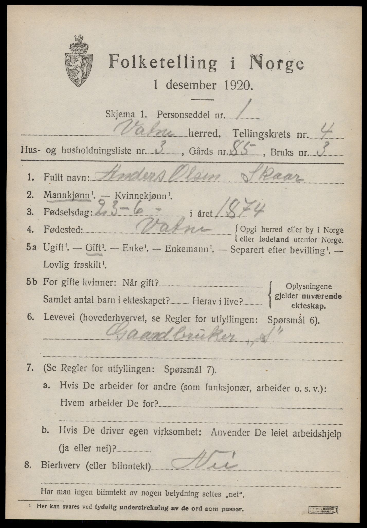 SAT, Folketelling 1920 for 1530 Vatne herred, 1920, s. 1838