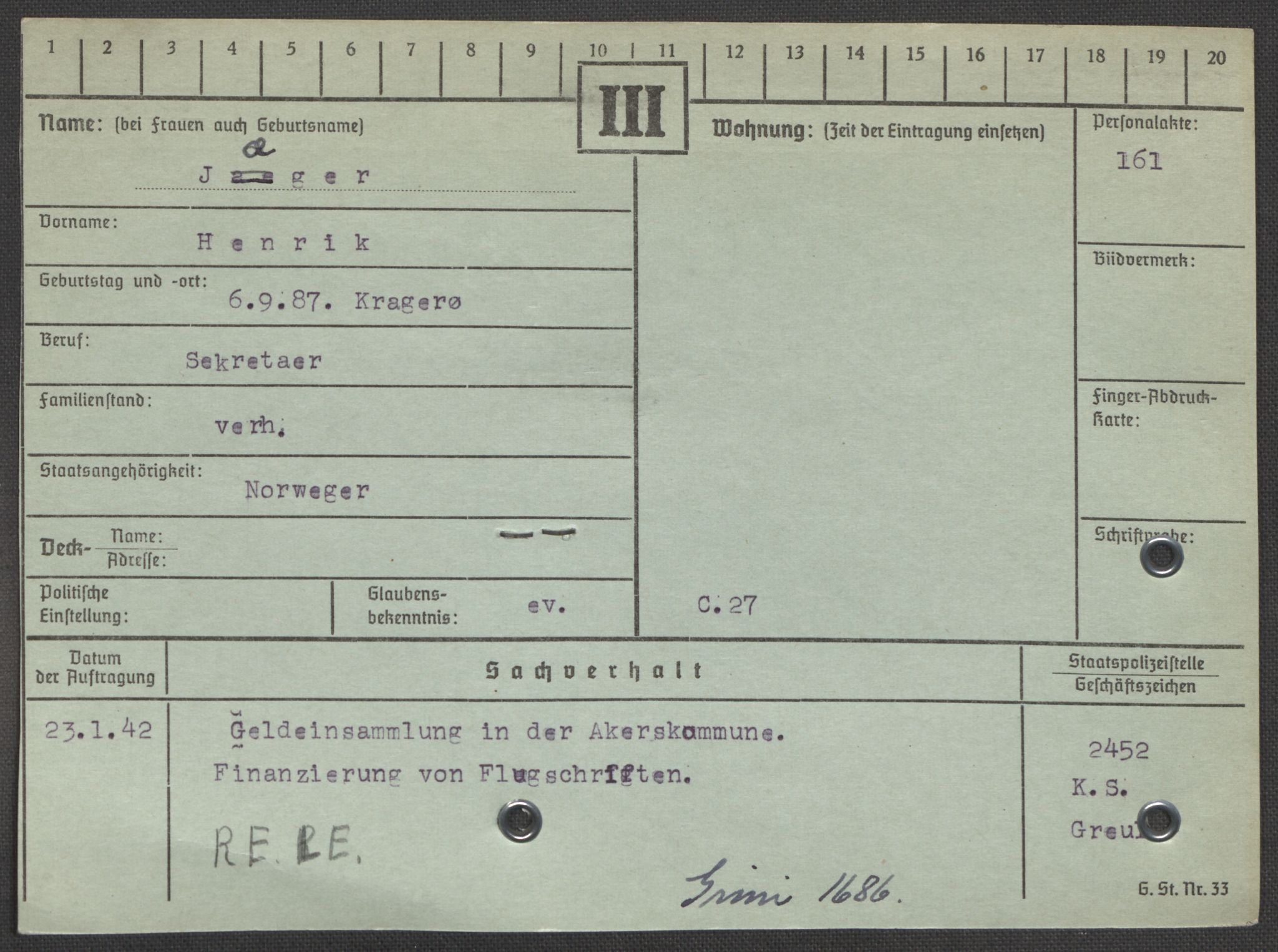 Befehlshaber der Sicherheitspolizei und des SD, RA/RAFA-5969/E/Ea/Eaa/L0005: Register over norske fanger i Møllergata 19: Hø-Kj, 1940-1945, s. 1075