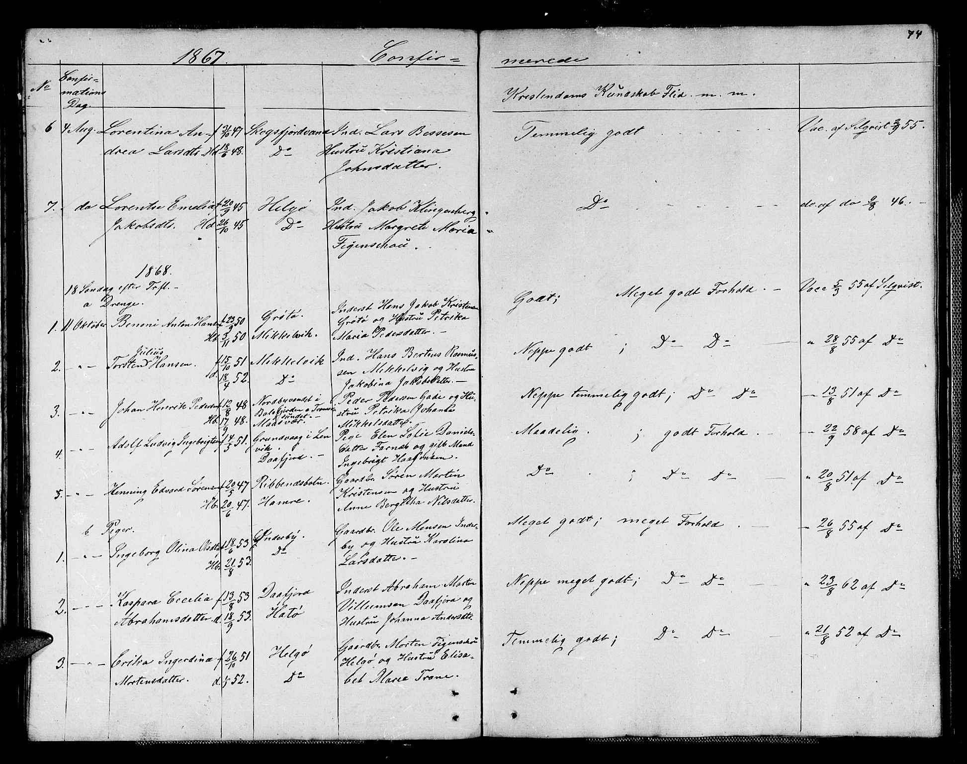 Karlsøy sokneprestembete, AV/SATØ-S-1299/H/Ha/Hab/L0004klokker: Klokkerbok nr. 4, 1845-1870, s. 74