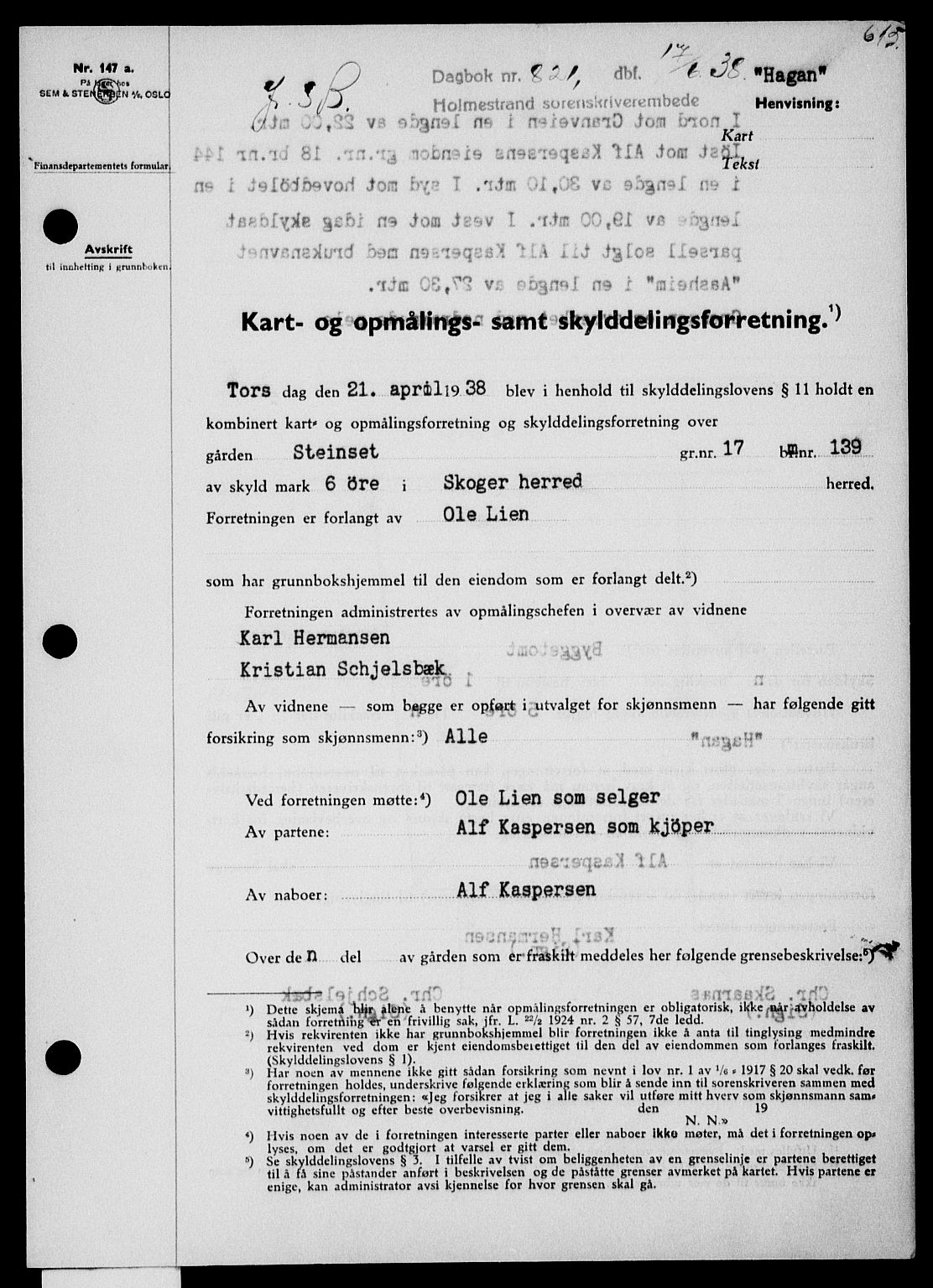 Holmestrand sorenskriveri, SAKO/A-67/G/Ga/Gaa/L0049: Pantebok nr. A-49, 1937-1938, Dagboknr: 821/1938