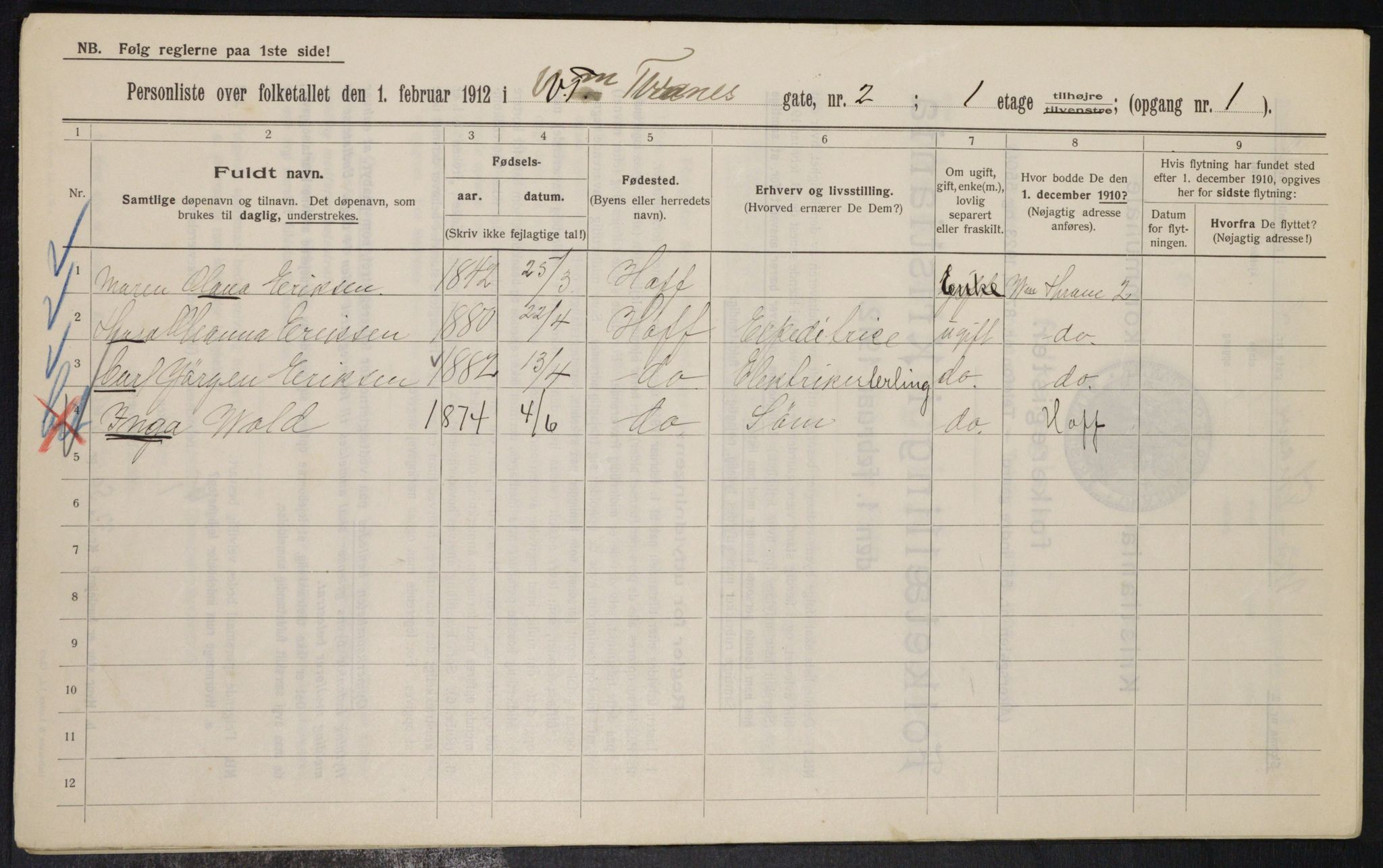 OBA, Kommunal folketelling 1.2.1912 for Kristiania, 1912, s. 126207