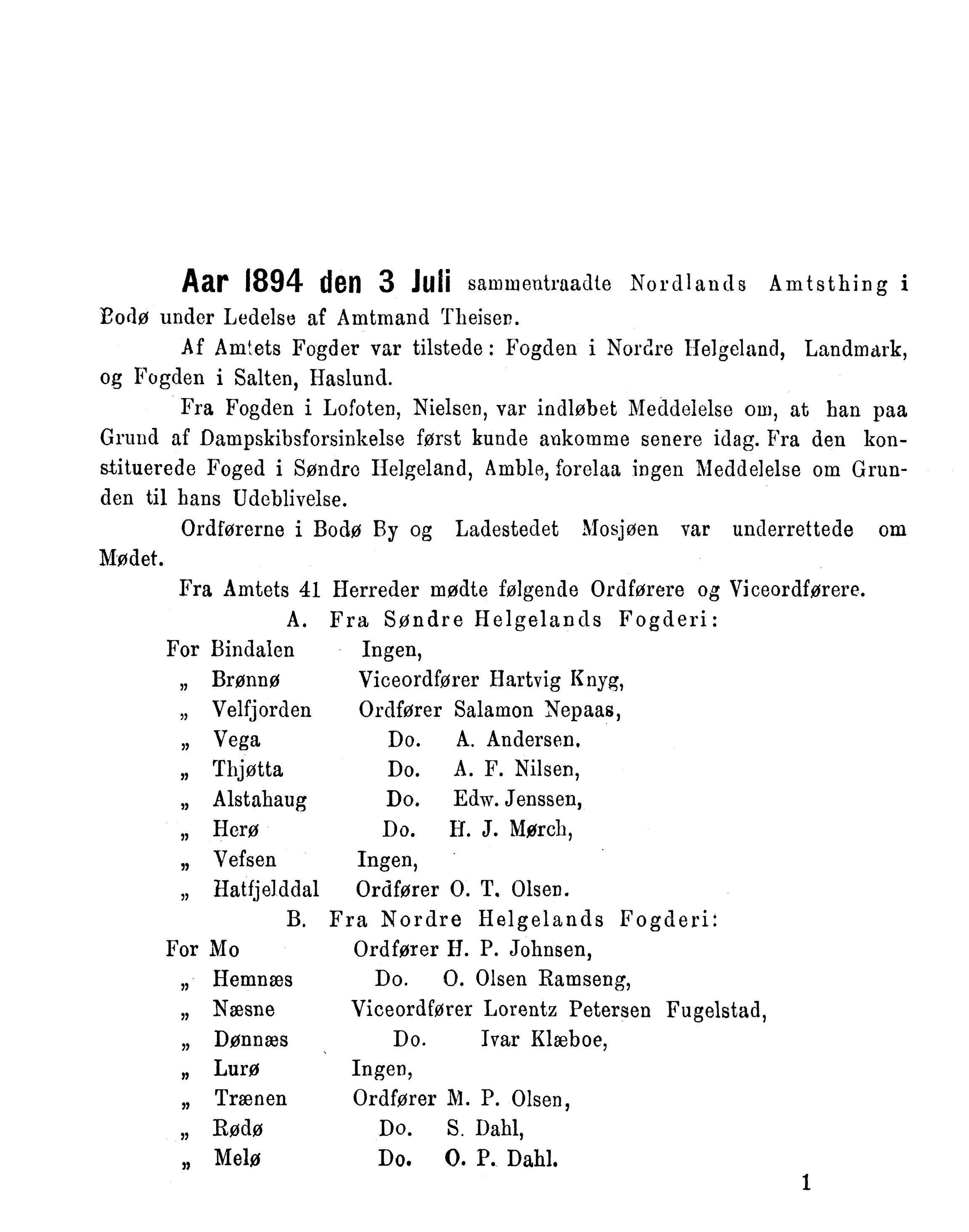 Nordland Fylkeskommune. Fylkestinget, AIN/NFK-17/176/A/Ac/L0017: Fylkestingsforhandlinger 1894, 1894