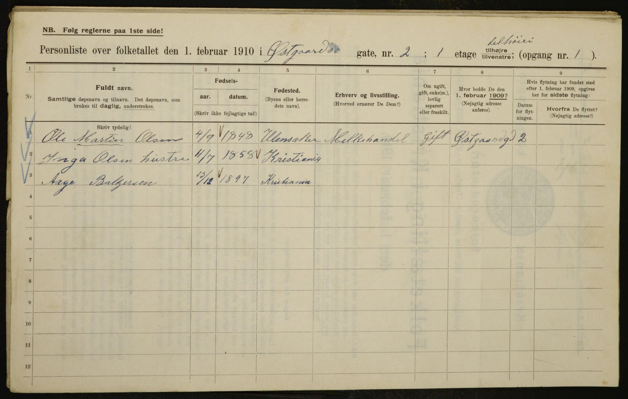 OBA, Kommunal folketelling 1.2.1910 for Kristiania, 1910, s. 122399