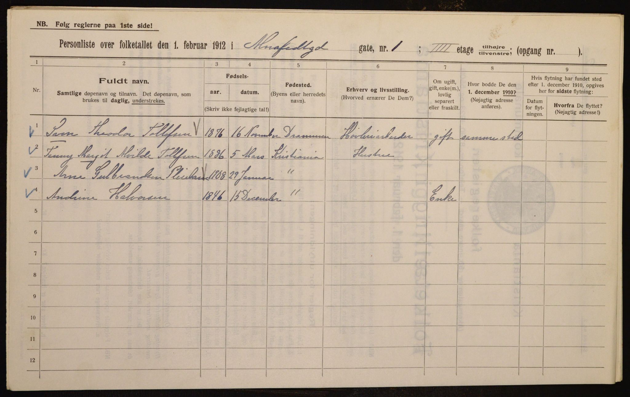 OBA, Kommunal folketelling 1.2.1912 for Kristiania, 1912, s. 1075