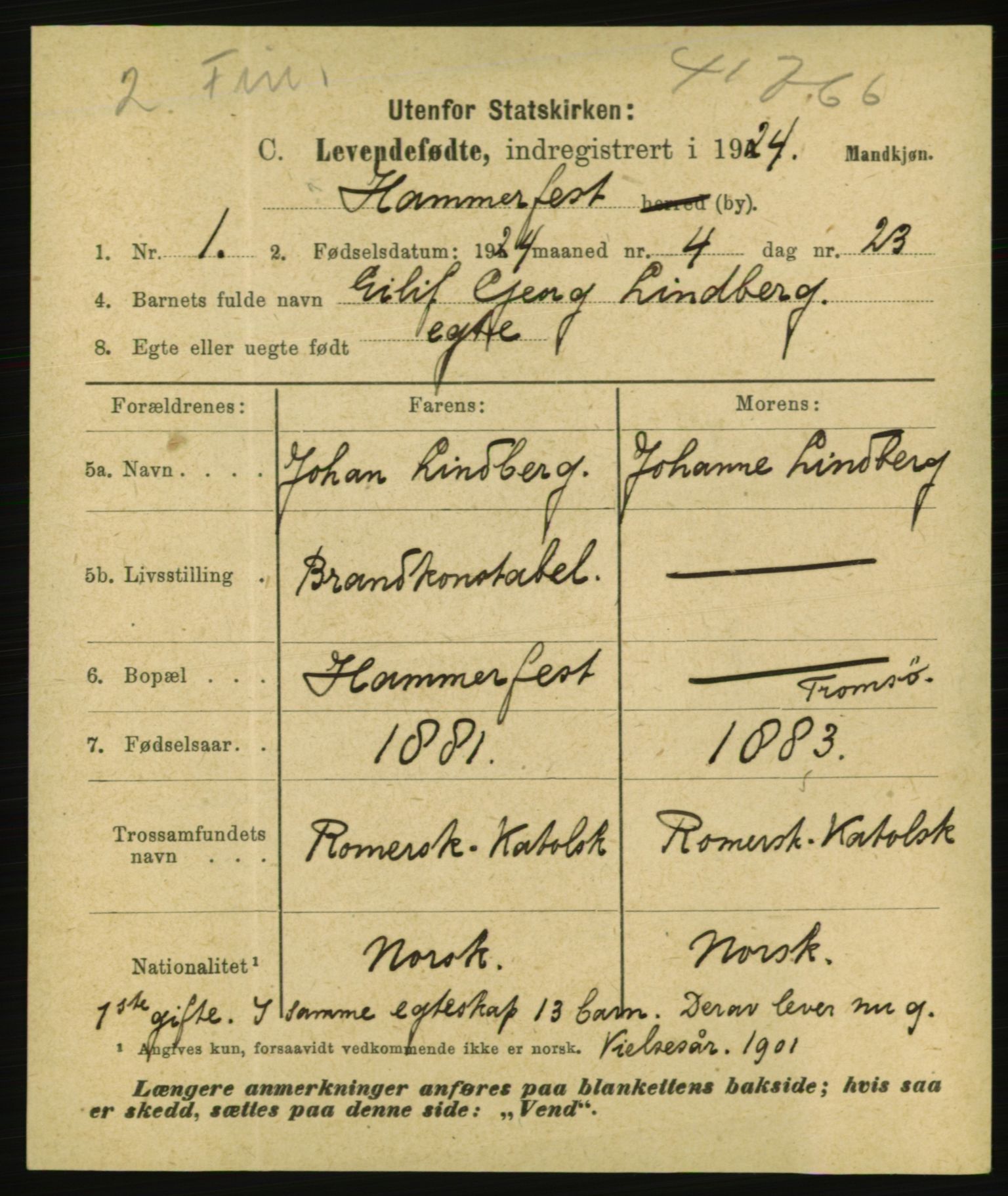 Statistisk sentralbyrå, Sosiodemografiske emner, Befolkning, AV/RA-S-2228/E/L0022: Fødte, gifte, døde dissentere., 1924, s. 1695