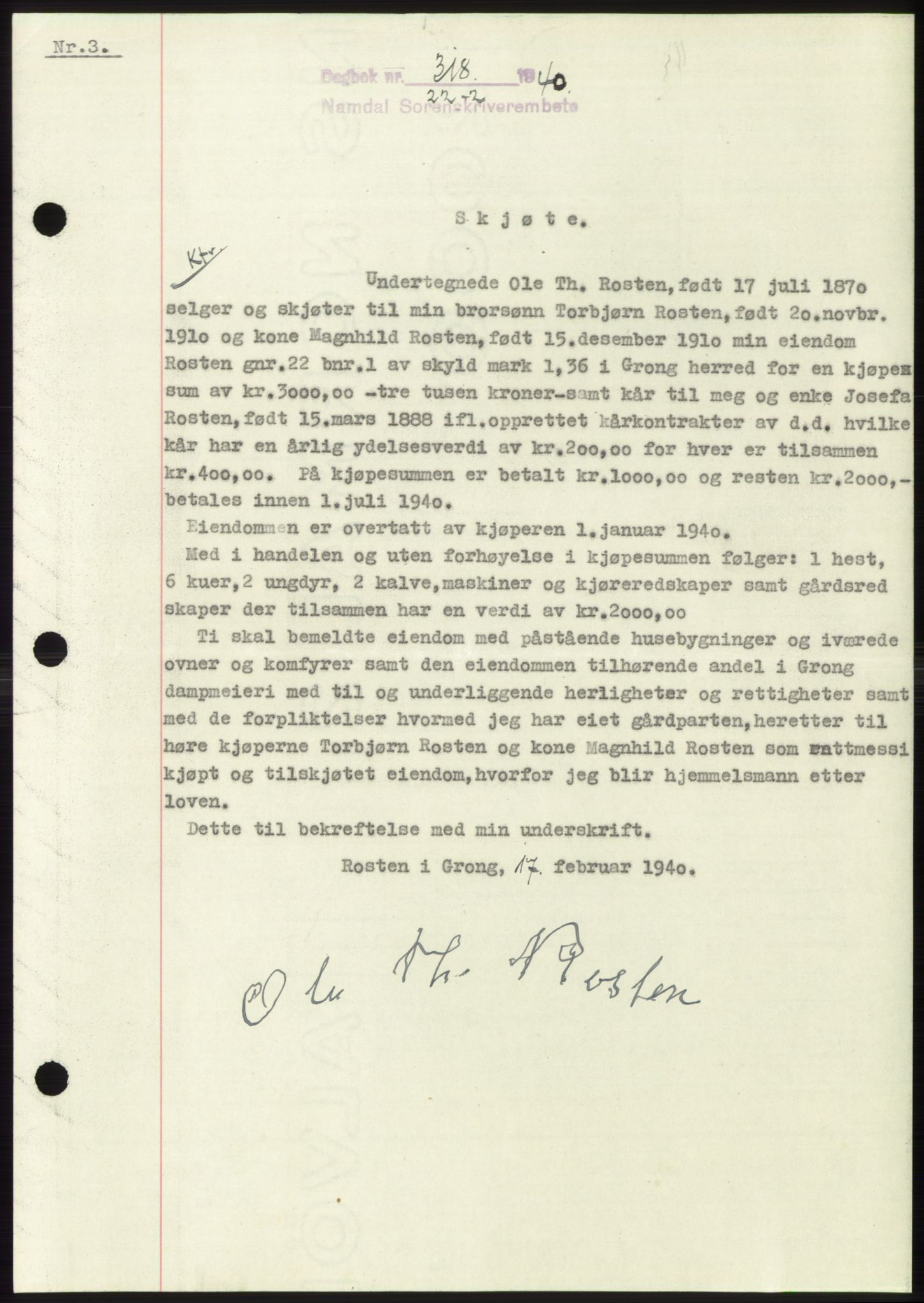 Namdal sorenskriveri, SAT/A-4133/1/2/2C: Pantebok nr. -, 1940-1941, Tingl.dato: 22.02.1940