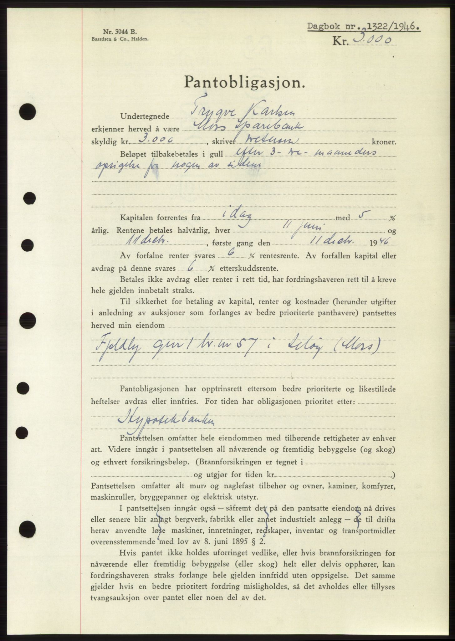 Moss sorenskriveri, SAO/A-10168: Pantebok nr. B15, 1946-1946, Dagboknr: 1322/1946