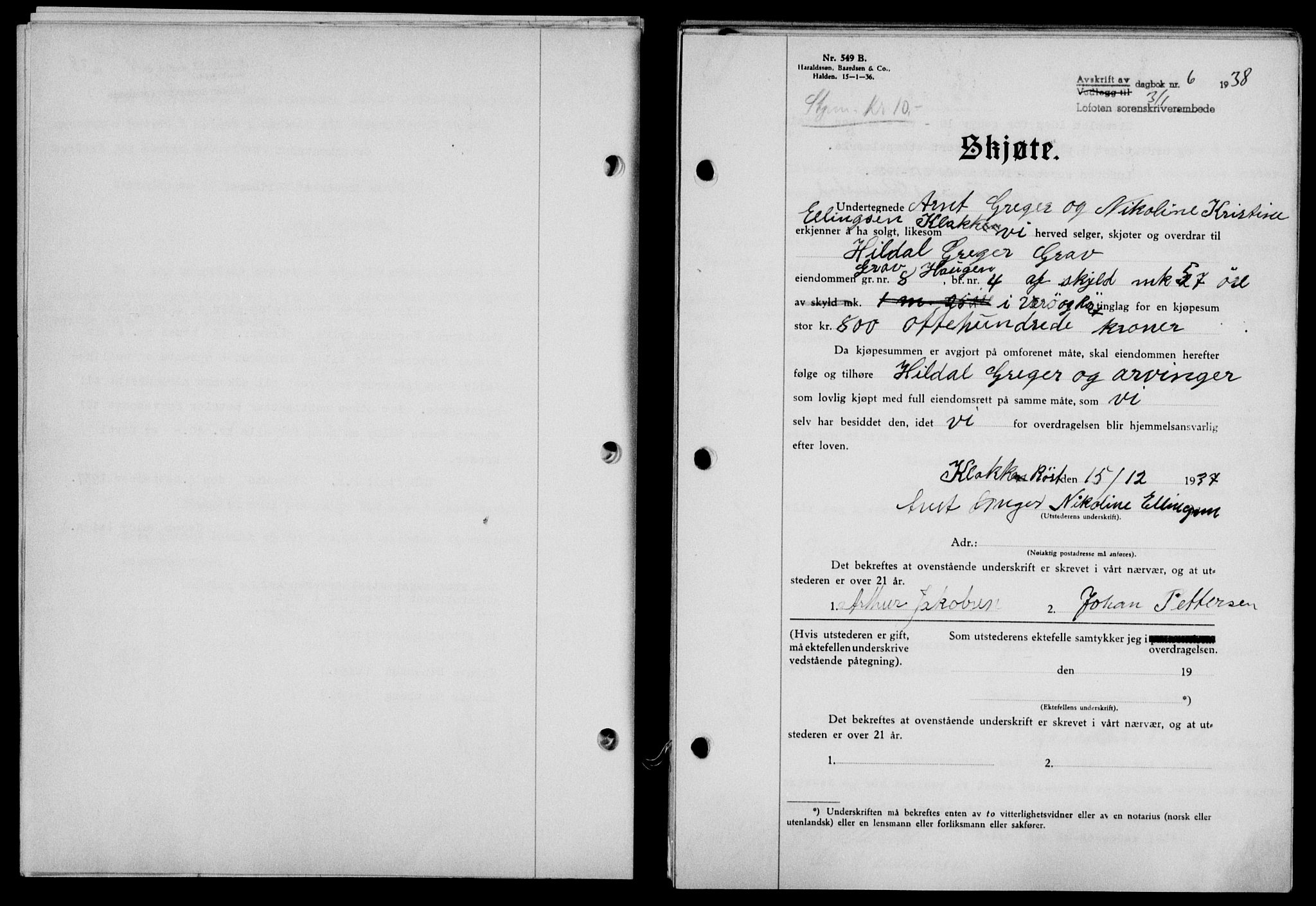Lofoten sorenskriveri, SAT/A-0017/1/2/2C/L0003a: Pantebok nr. 3a, 1937-1938, Dagboknr: 6/1938