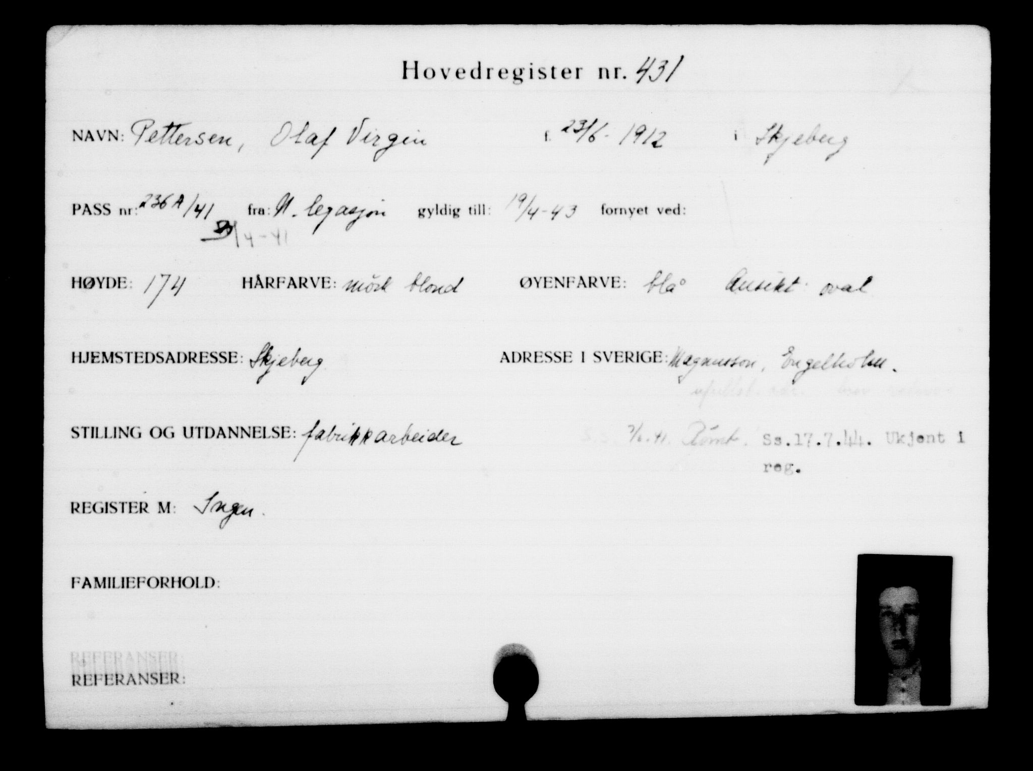 Utenriksstasjonene, Legasjonen i Stockholm, Flyktningkontoret, AV/RA-S-6753/V/Va/L0001: Kjesäterkartoteket, flyktninger med registreringsnr. 1-1000, 1940-1945, s. 674