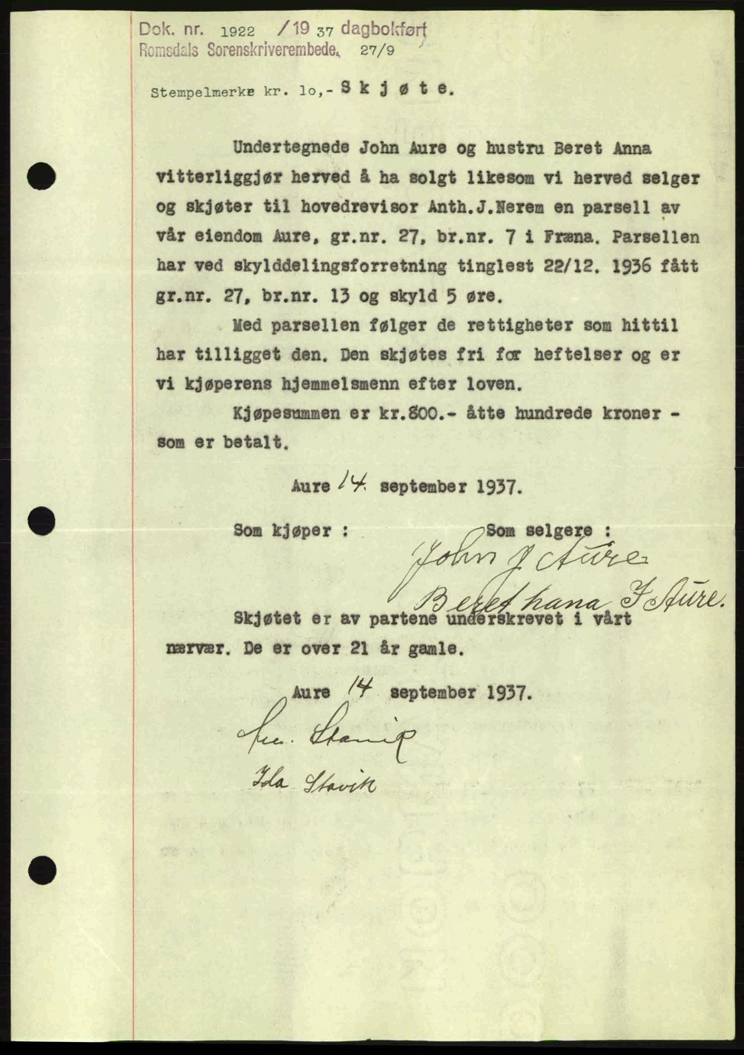 Romsdal sorenskriveri, SAT/A-4149/1/2/2C: Pantebok nr. A3, 1937-1937, Dagboknr: 1922/1937