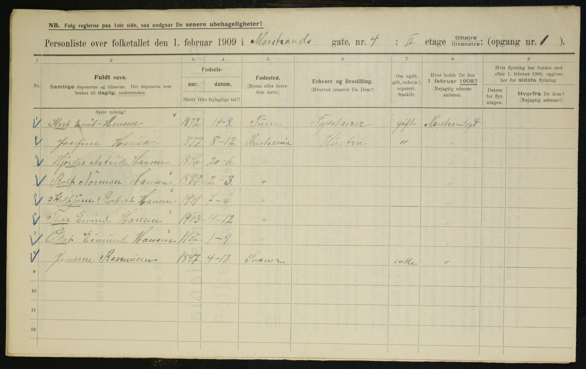 OBA, Kommunal folketelling 1.2.1909 for Kristiania kjøpstad, 1909, s. 58707