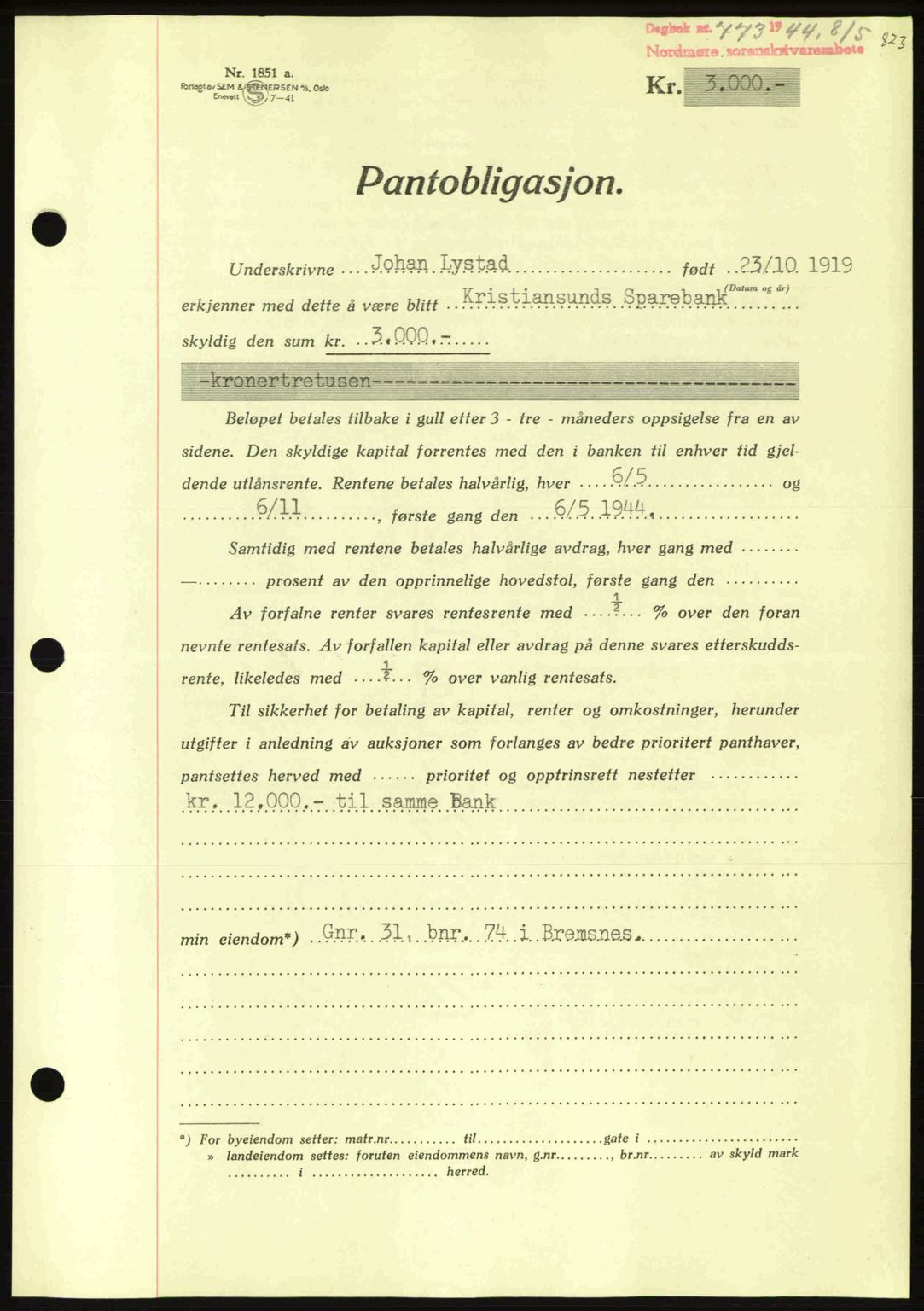 Nordmøre sorenskriveri, AV/SAT-A-4132/1/2/2Ca: Pantebok nr. B91, 1943-1944, Dagboknr: 773/1944