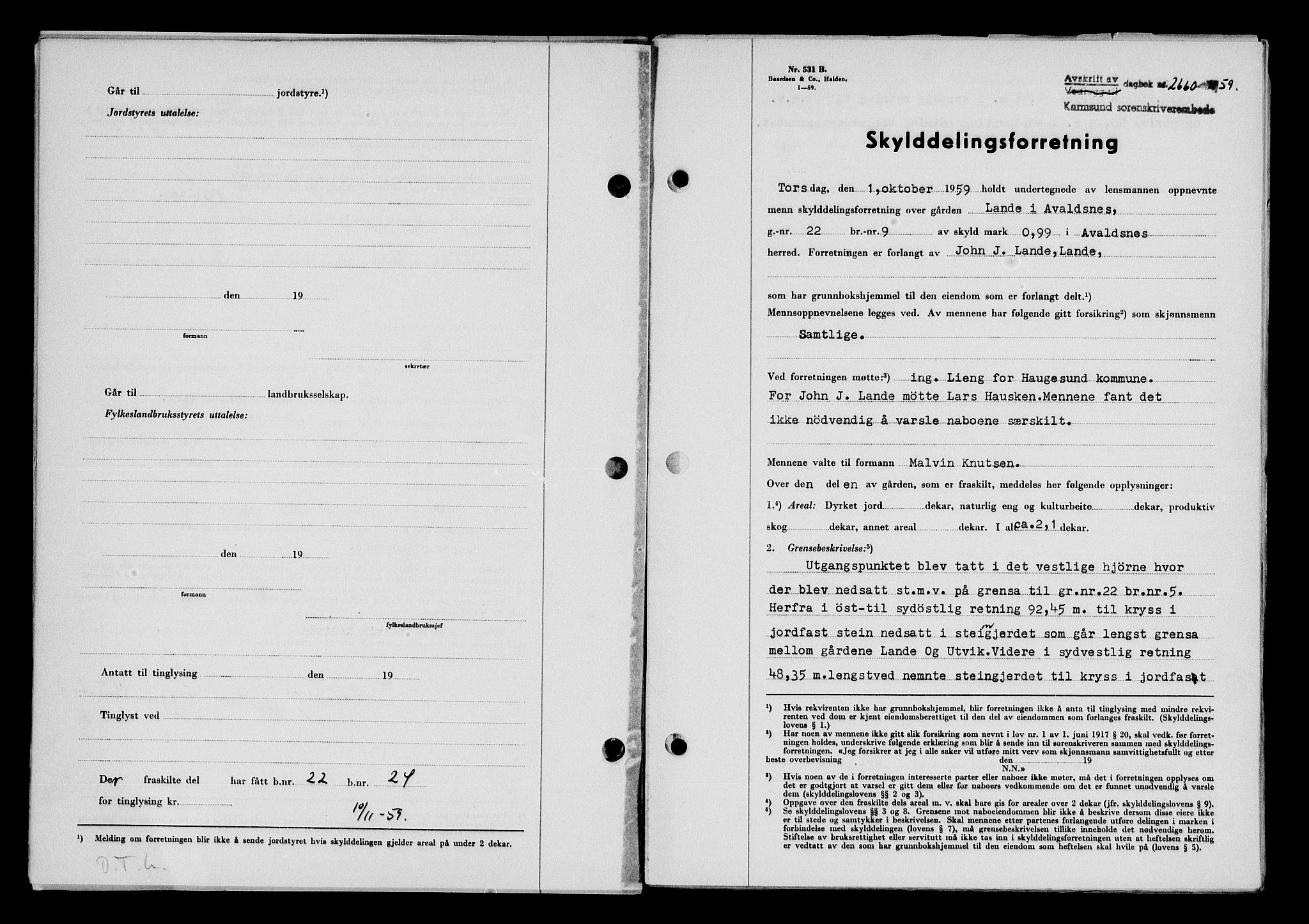 Karmsund sorenskriveri, SAST/A-100311/01/II/IIB/L0132: Pantebok nr. 112A, 1959-1959, Dagboknr: 2660/1959