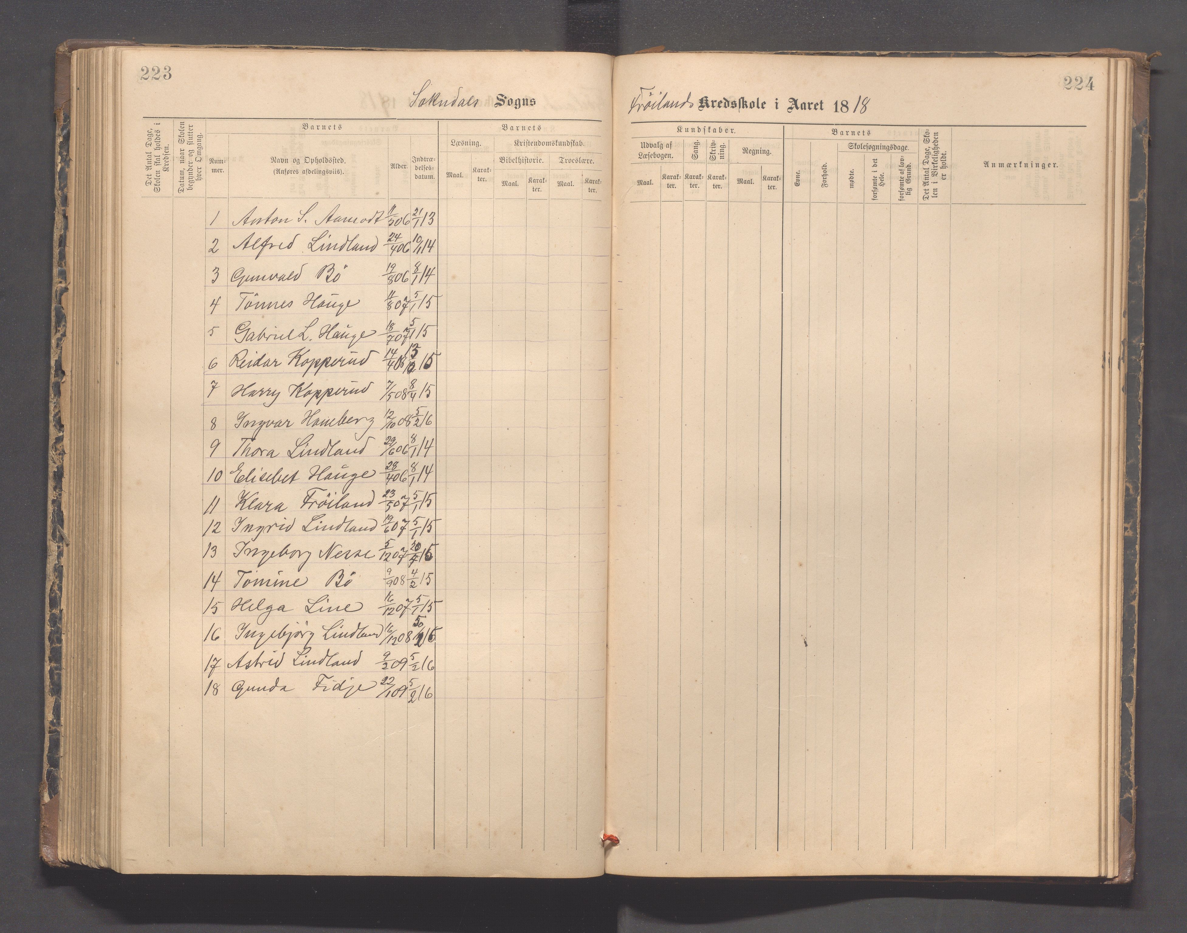 Sokndal kommune- Hauge skole, IKAR/K-101144/H/L0001: Skoleprotokoll - Frøyland, 1885-1918, s. 223-224