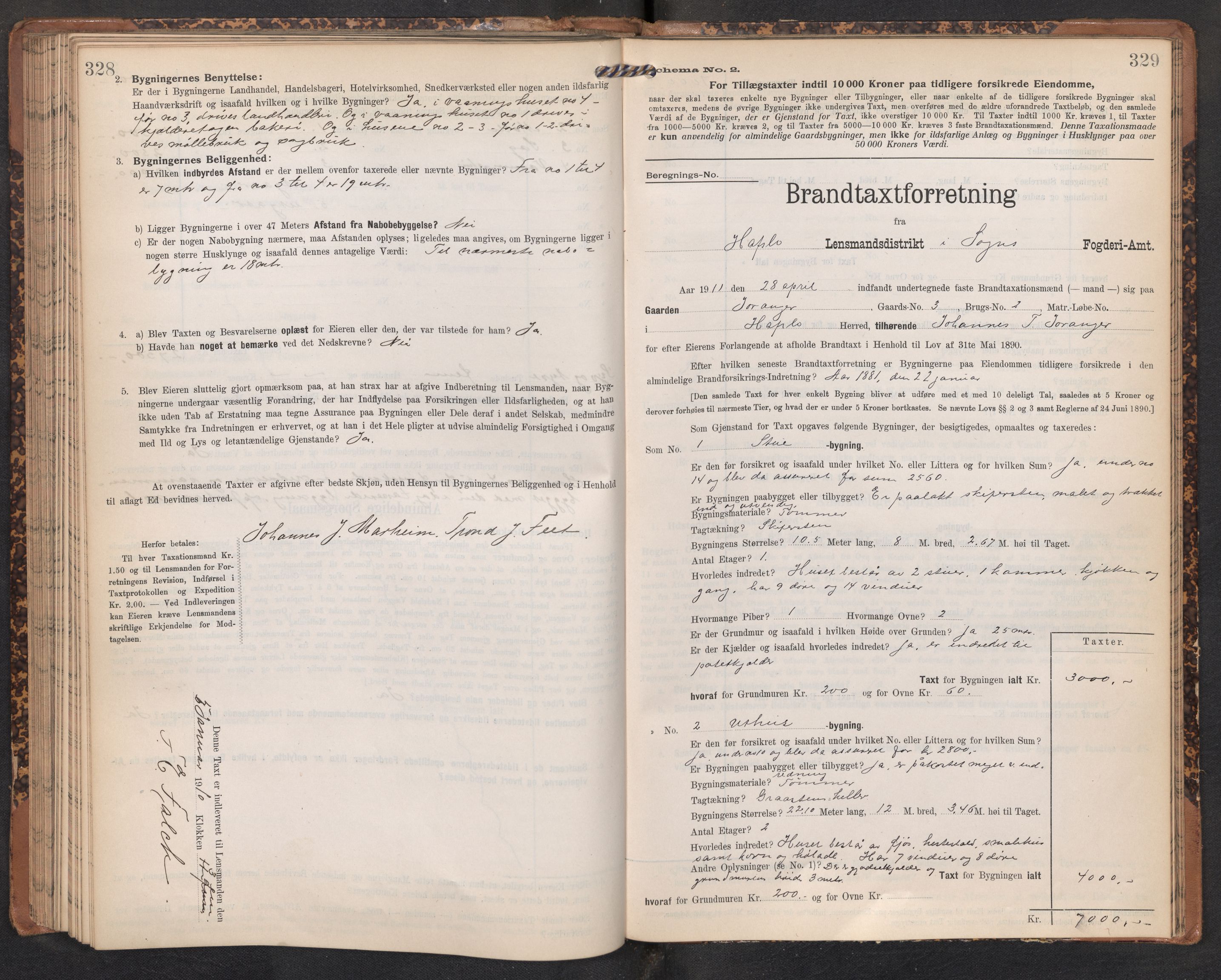 Lensmannen i Hafslo, SAB/A-28001/0012/L0007: Branntakstprotokoll, skjematakst, 1905-1922, s. 328-329