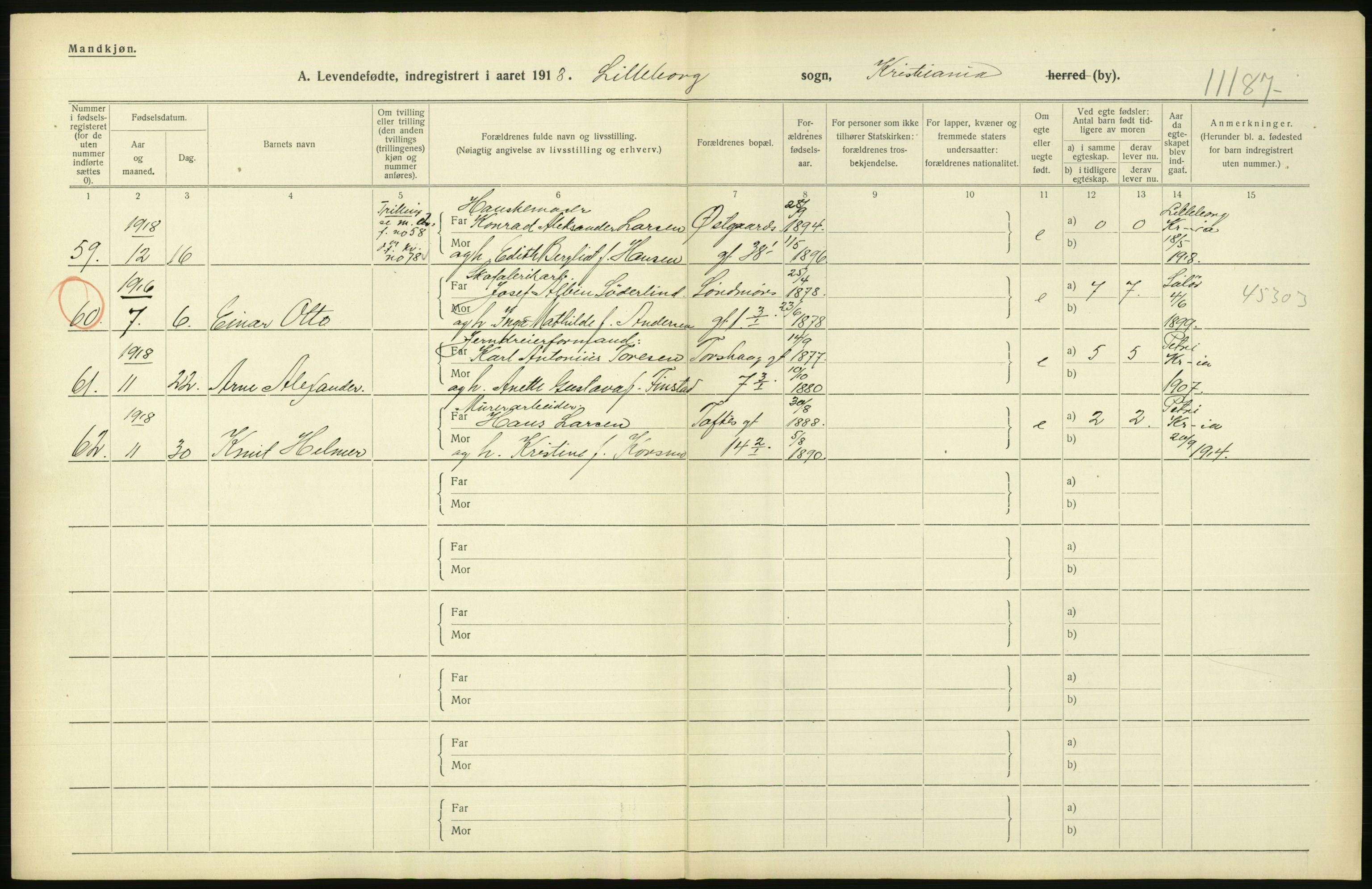 Statistisk sentralbyrå, Sosiodemografiske emner, Befolkning, AV/RA-S-2228/D/Df/Dfb/Dfbh/L0008: Kristiania: Levendefødte menn og kvinner., 1918, s. 876