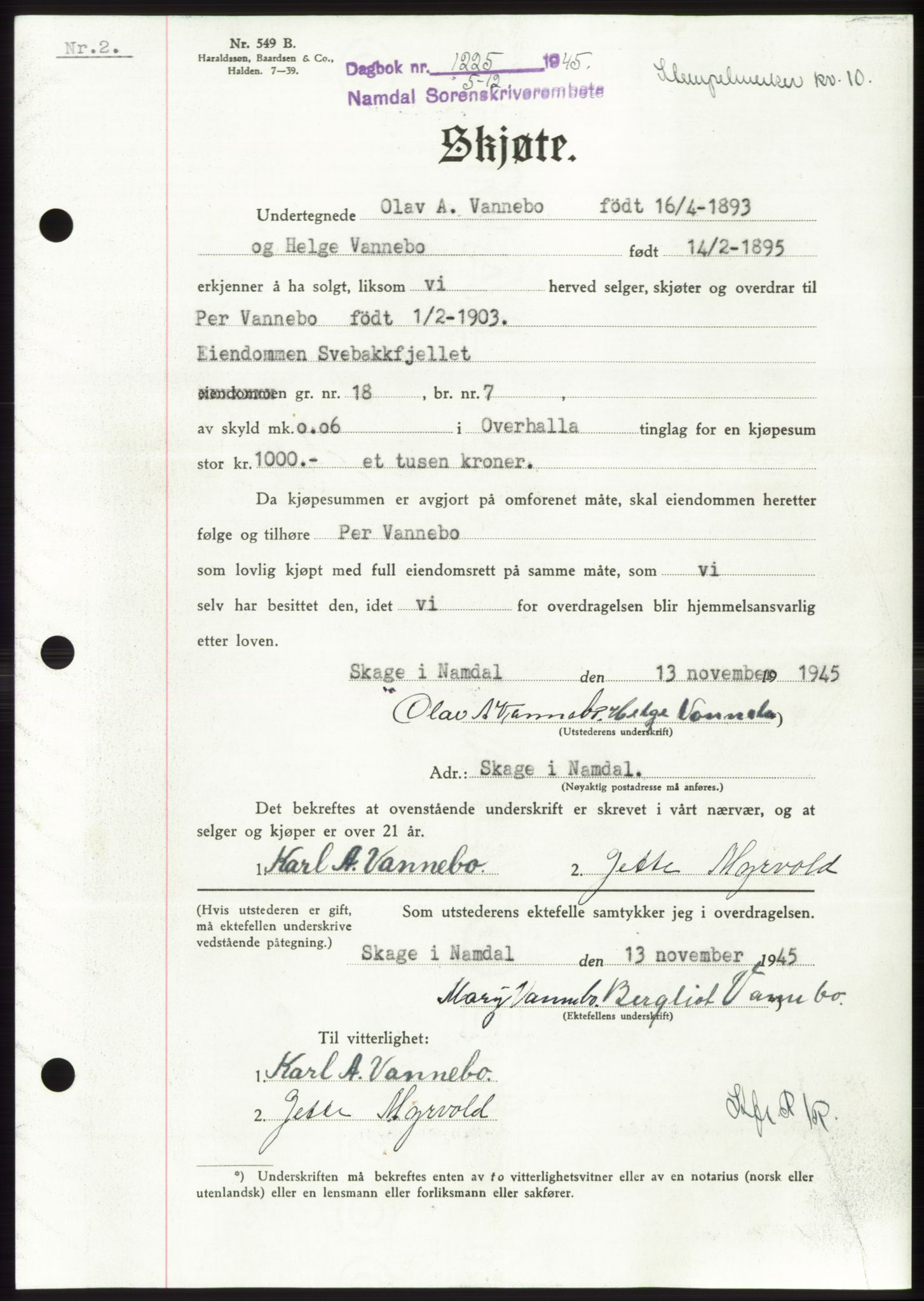 Namdal sorenskriveri, SAT/A-4133/1/2/2C: Pantebok nr. -, 1944-1945, Dagboknr: 1225/1945