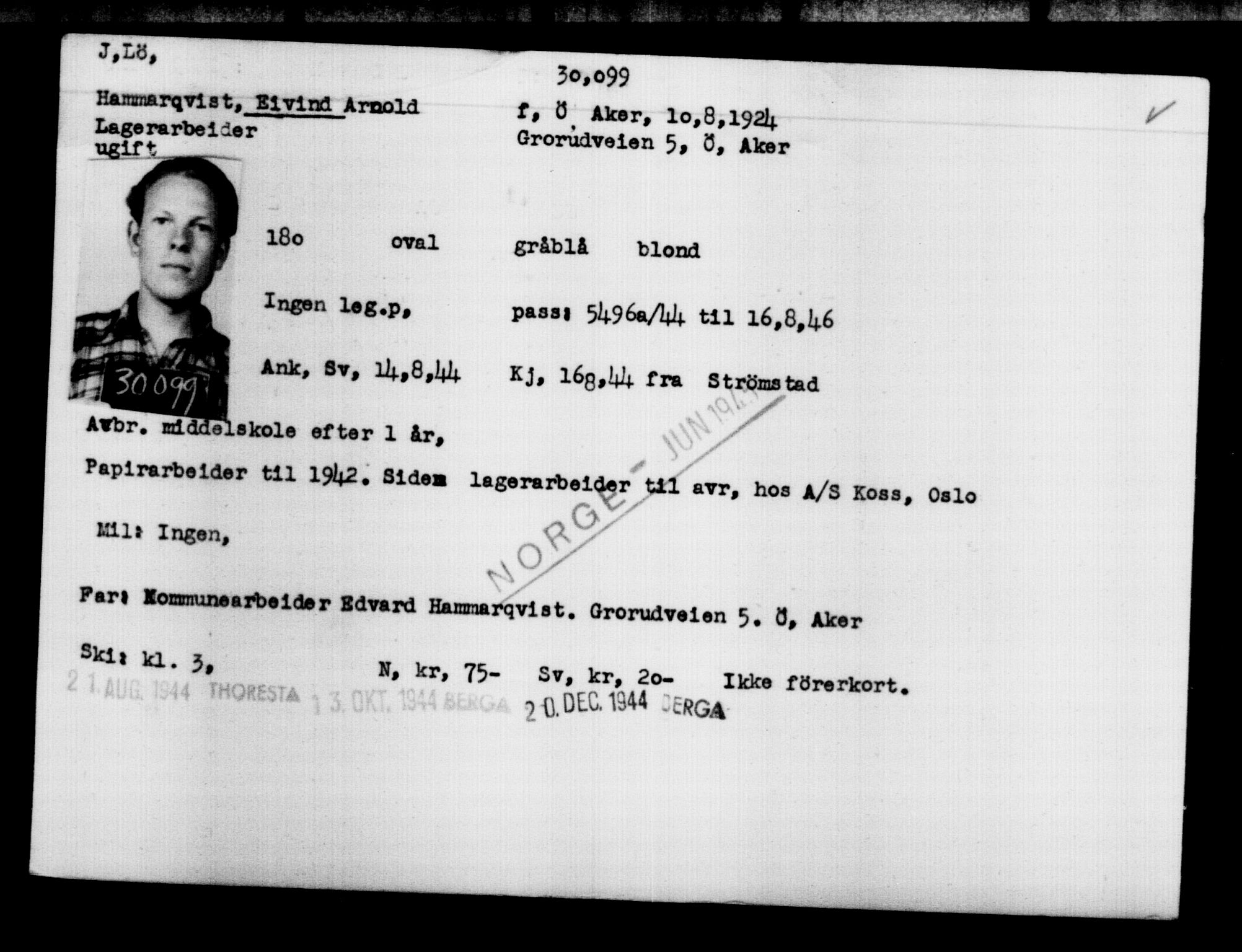 Utenriksstasjonene, Legasjonen i Stockholm, Flyktningkontoret, AV/RA-S-6753/V/Va/L0012: Kjesäterkartoteket, flyktninger med registreringsnr. 28300-31566, 1940-1945, s. 1983