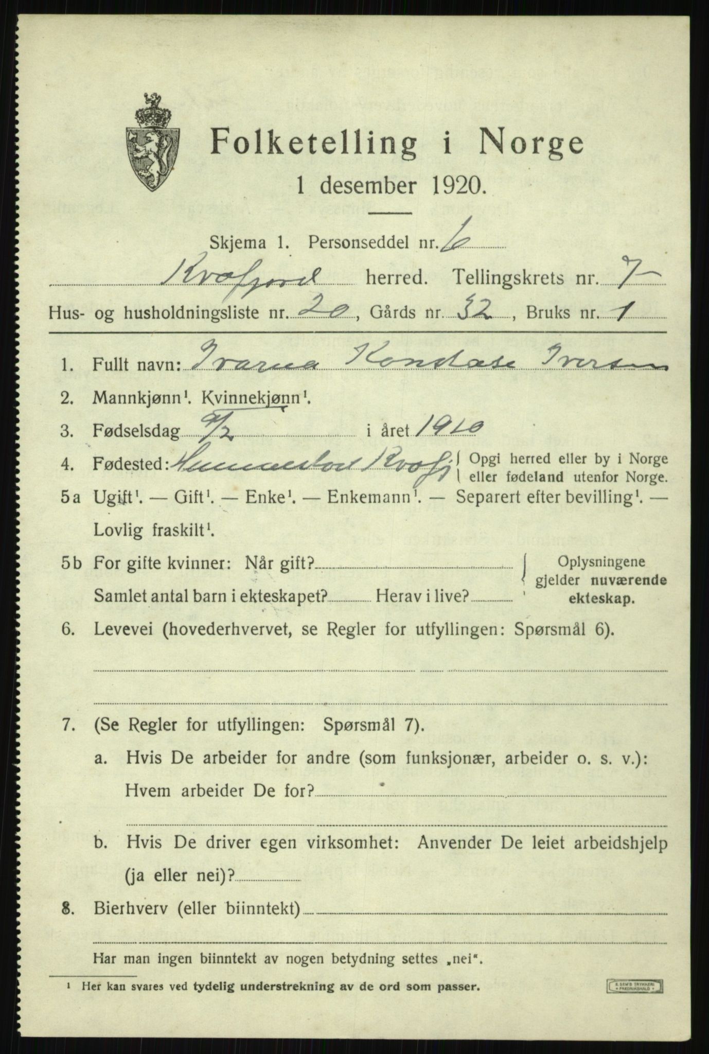 SATØ, Folketelling 1920 for 1911 Kvæfjord herred, 1920, s. 3689