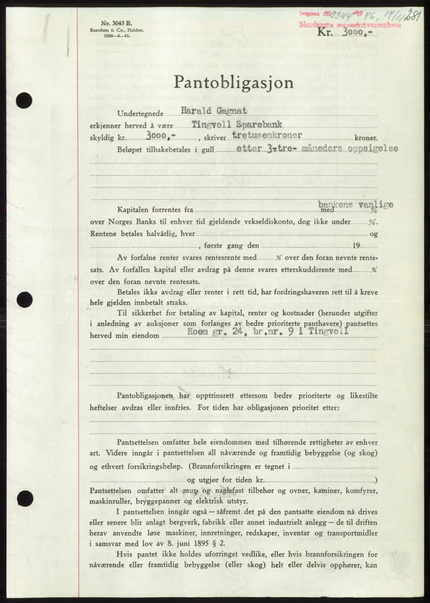 Nordmøre sorenskriveri, SAT/A-4132/1/2/2Ca: Pantebok nr. B95, 1946-1947, Dagboknr: 2344/1946