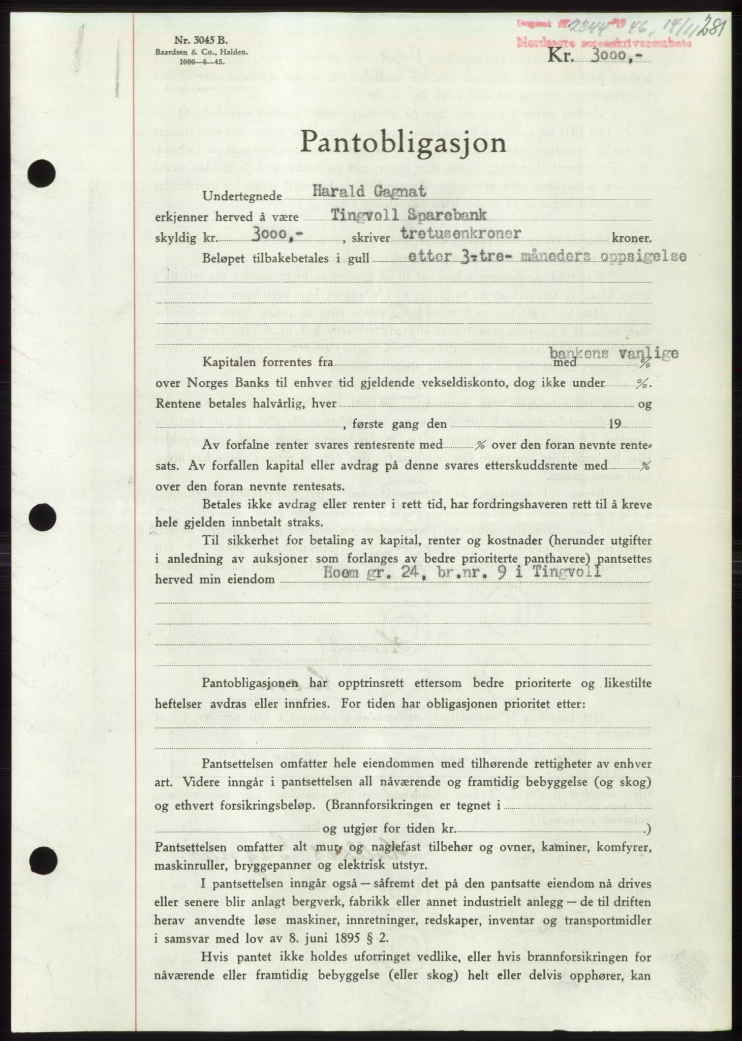 Nordmøre sorenskriveri, AV/SAT-A-4132/1/2/2Ca: Pantebok nr. B95, 1946-1947, Dagboknr: 2344/1946