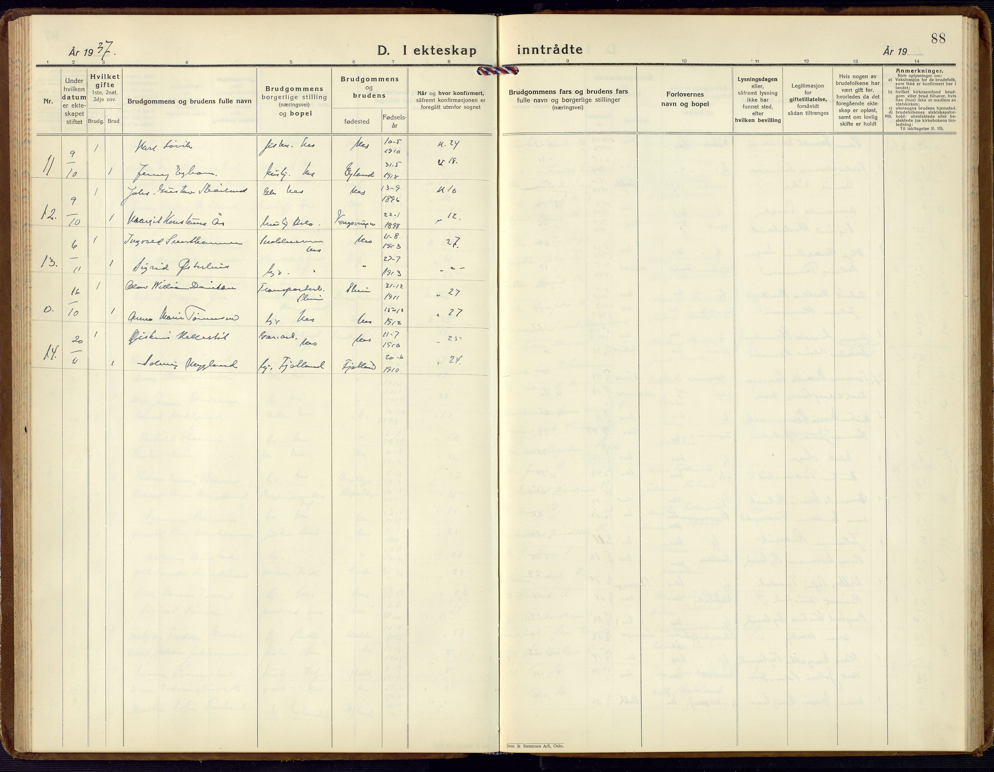 Flekkefjord sokneprestkontor, AV/SAK-1111-0012/F/Fb/Fbc/L0009: Klokkerbok nr. B 9, 1932-1965, s. 88