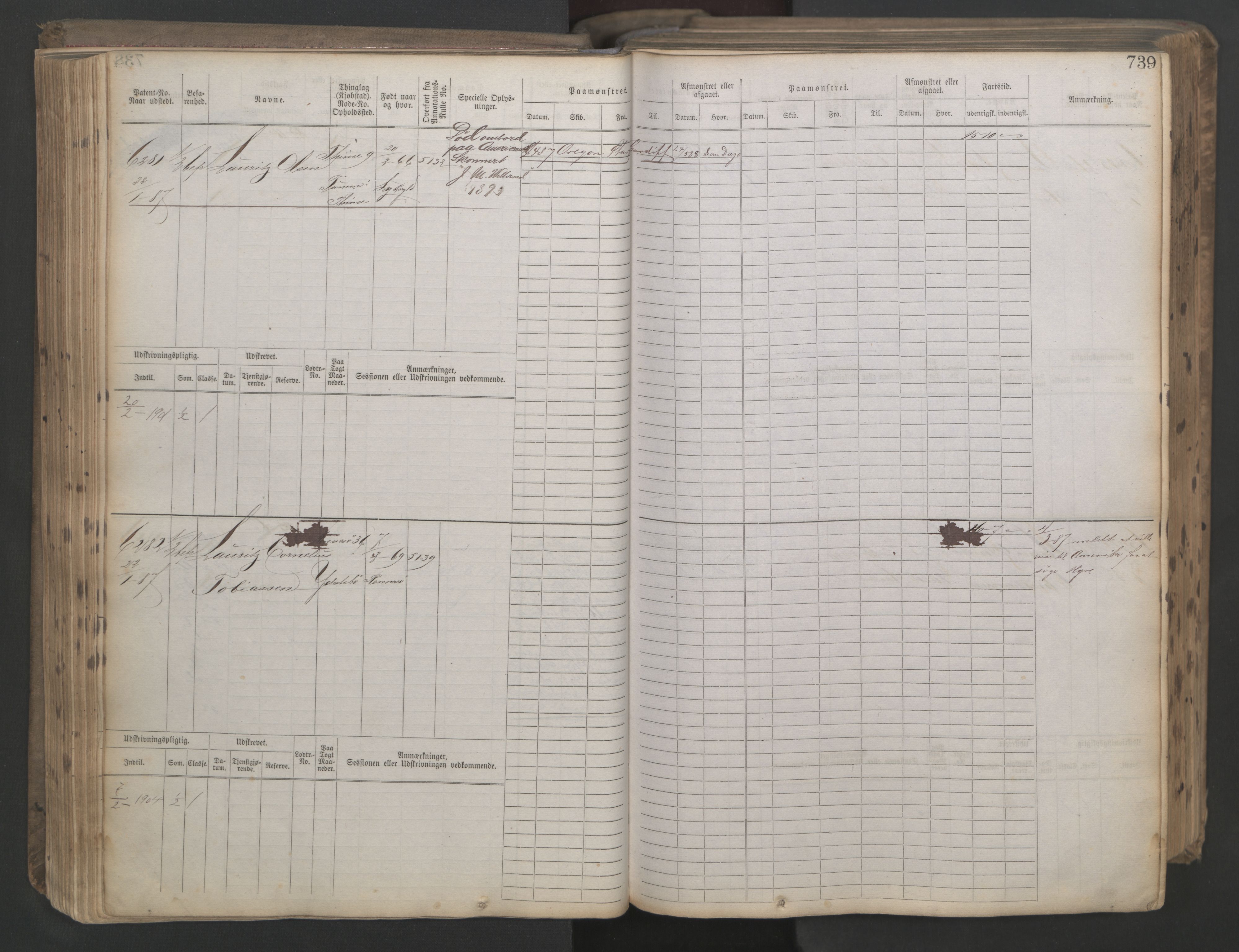 Stavanger sjømannskontor, AV/SAST-A-102006/F/Fb/Fbb/L0021: Sjøfartshovedrulle patnentnr. 6005-7204 (dublett), 1887, s. 143