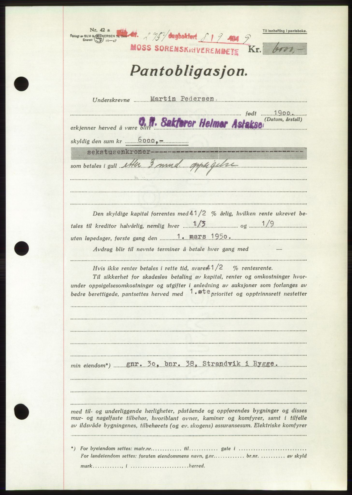 Moss sorenskriveri, SAO/A-10168: Pantebok nr. B22, 1949-1949, Dagboknr: 2754/1949