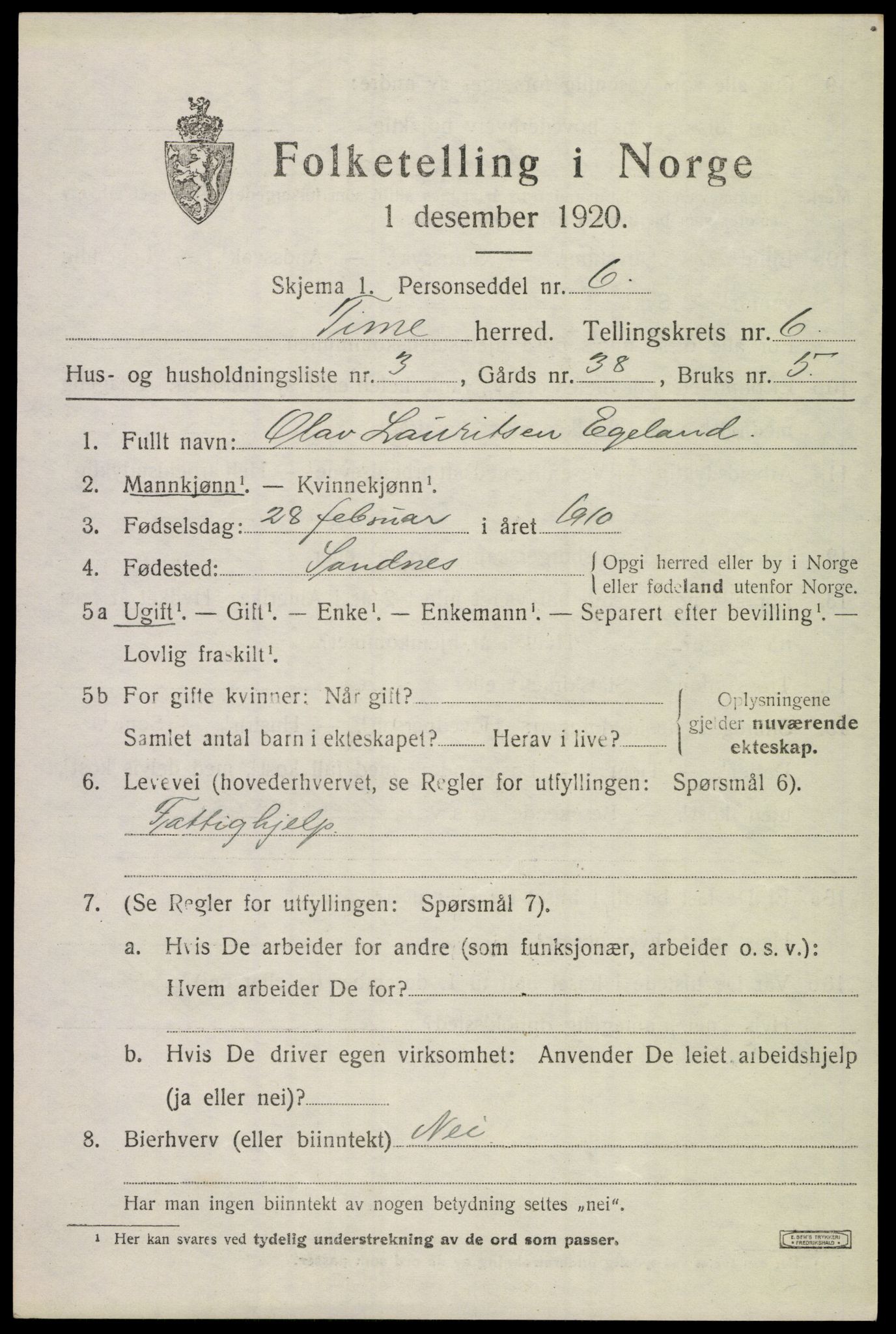 SAST, Folketelling 1920 for 1121 Time herred, 1920, s. 7003