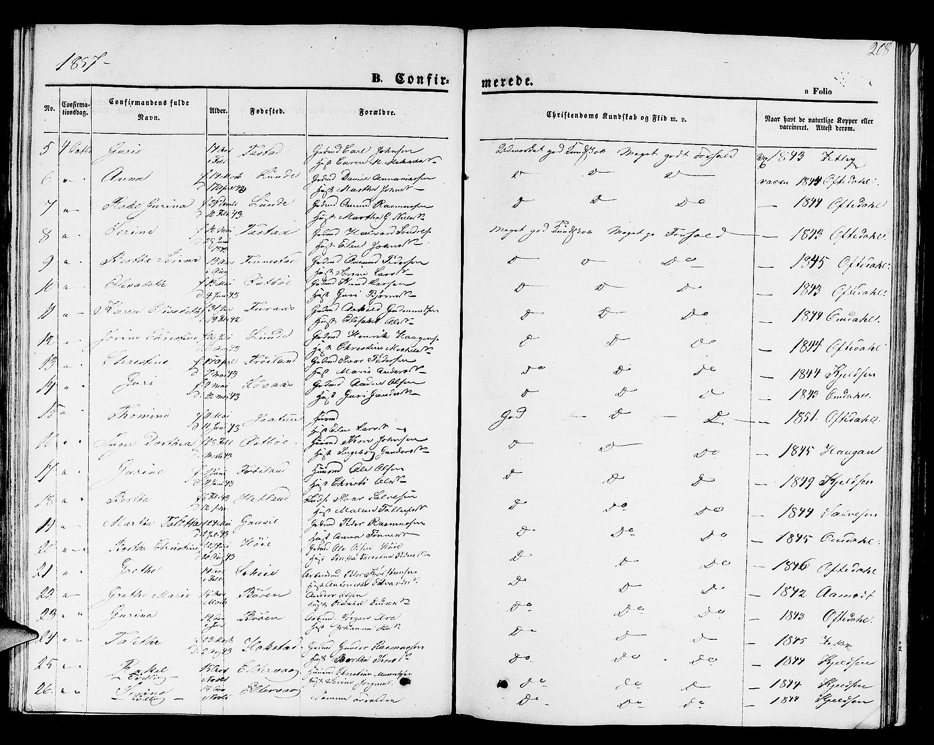 Hetland sokneprestkontor, SAST/A-101826/30/30BB/L0001: Klokkerbok nr. B 1, 1850-1868, s. 208