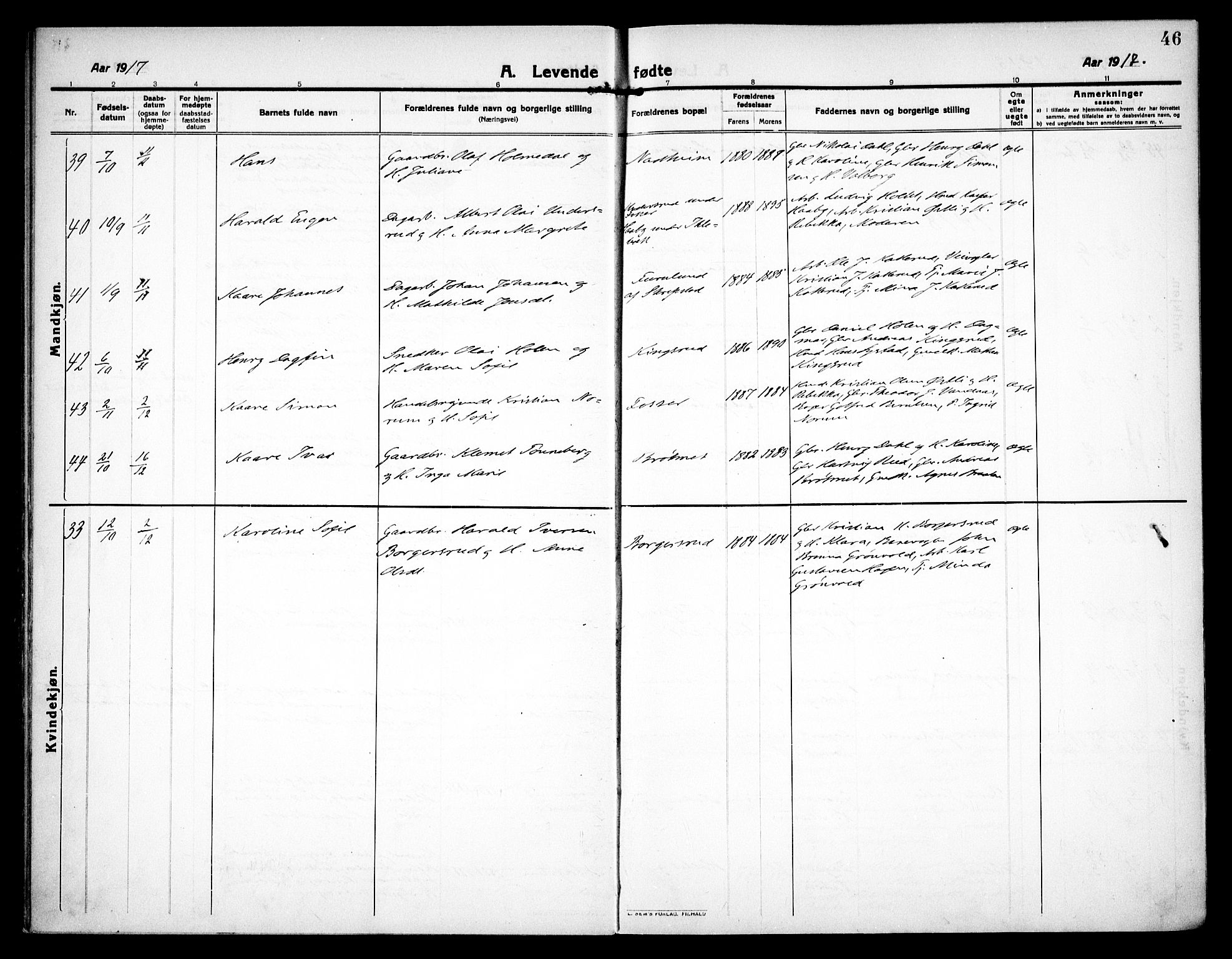 Høland prestekontor Kirkebøker, AV/SAO-A-10346a/F/Fa/L0016: Ministerialbok nr. I 16, 1912-1921, s. 46