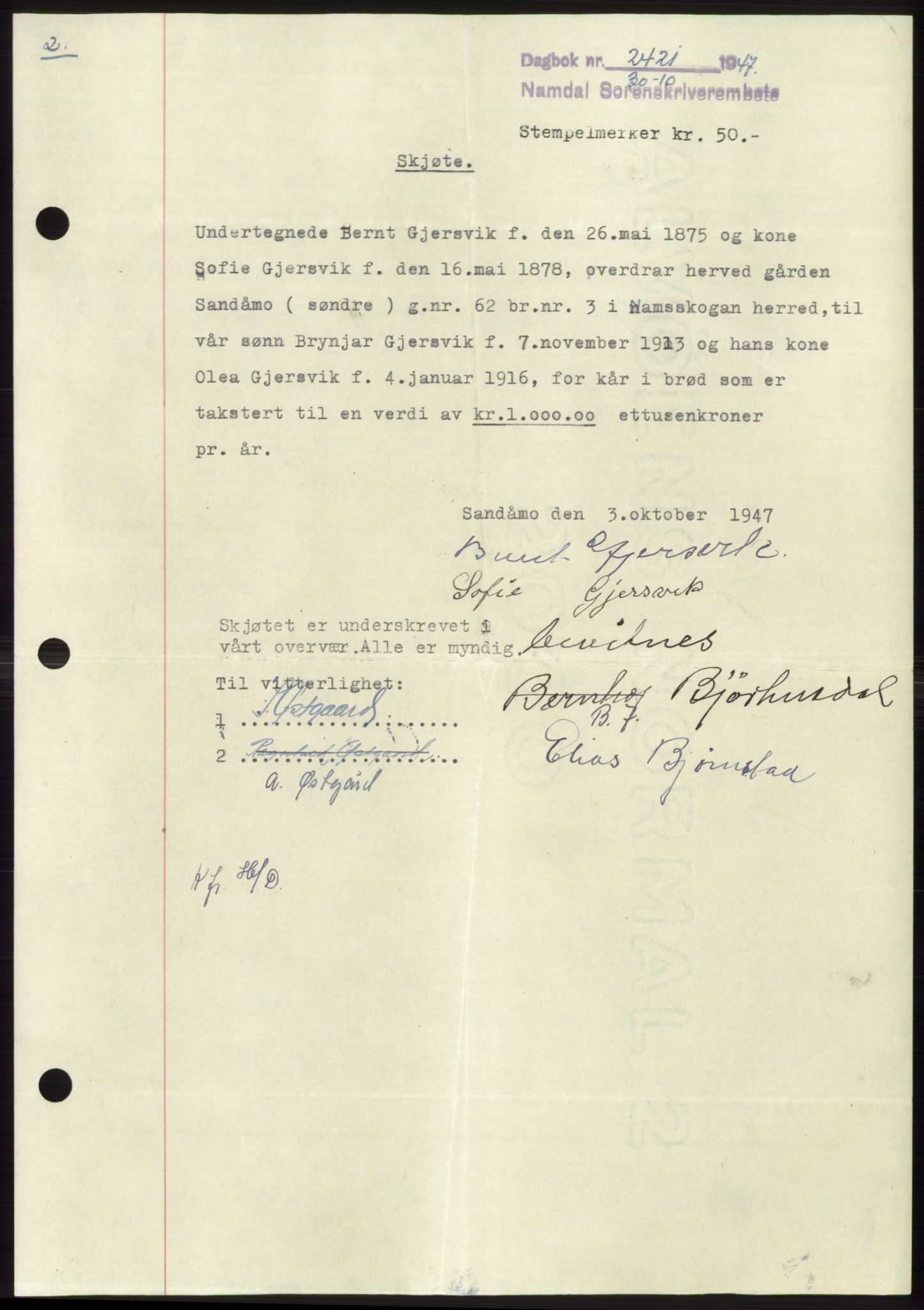 Namdal sorenskriveri, SAT/A-4133/1/2/2C: Pantebok nr. -, 1947-1947, Dagboknr: 2421/1947