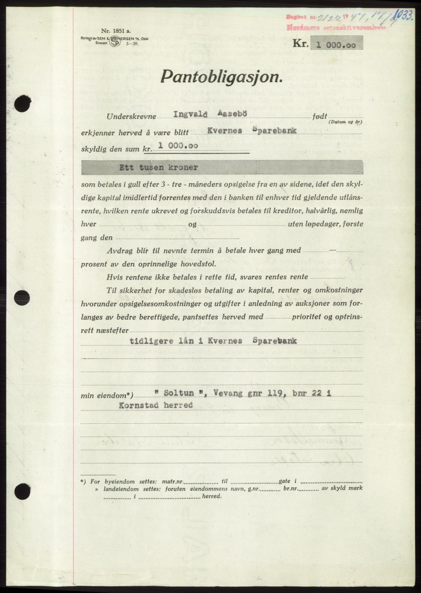 Nordmøre sorenskriveri, SAT/A-4132/1/2/2Ca: Pantebok nr. B96, 1947-1947, Dagboknr: 2122/1947