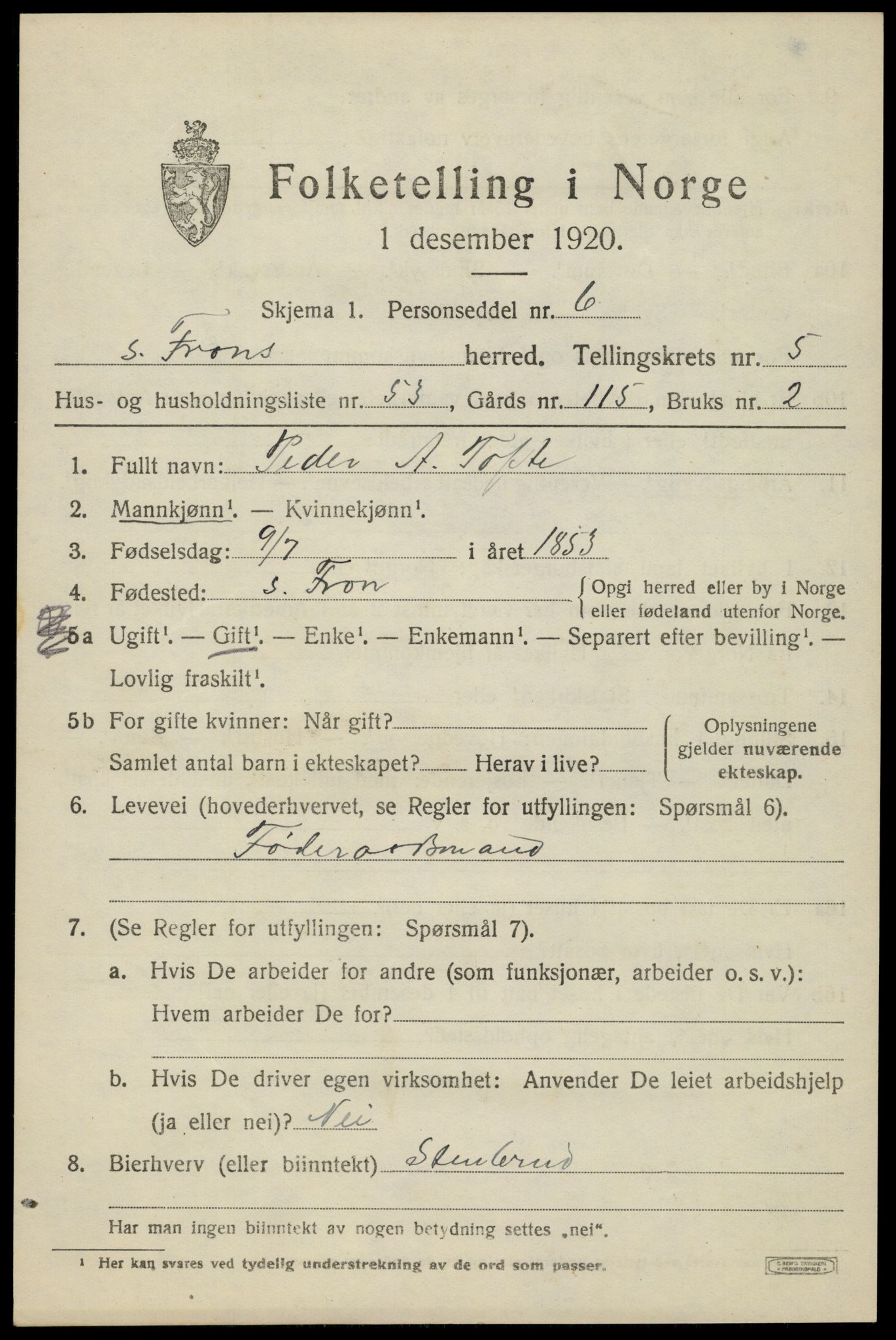 SAH, Folketelling 1920 for 0519 Sør-Fron herred, 1920, s. 6013