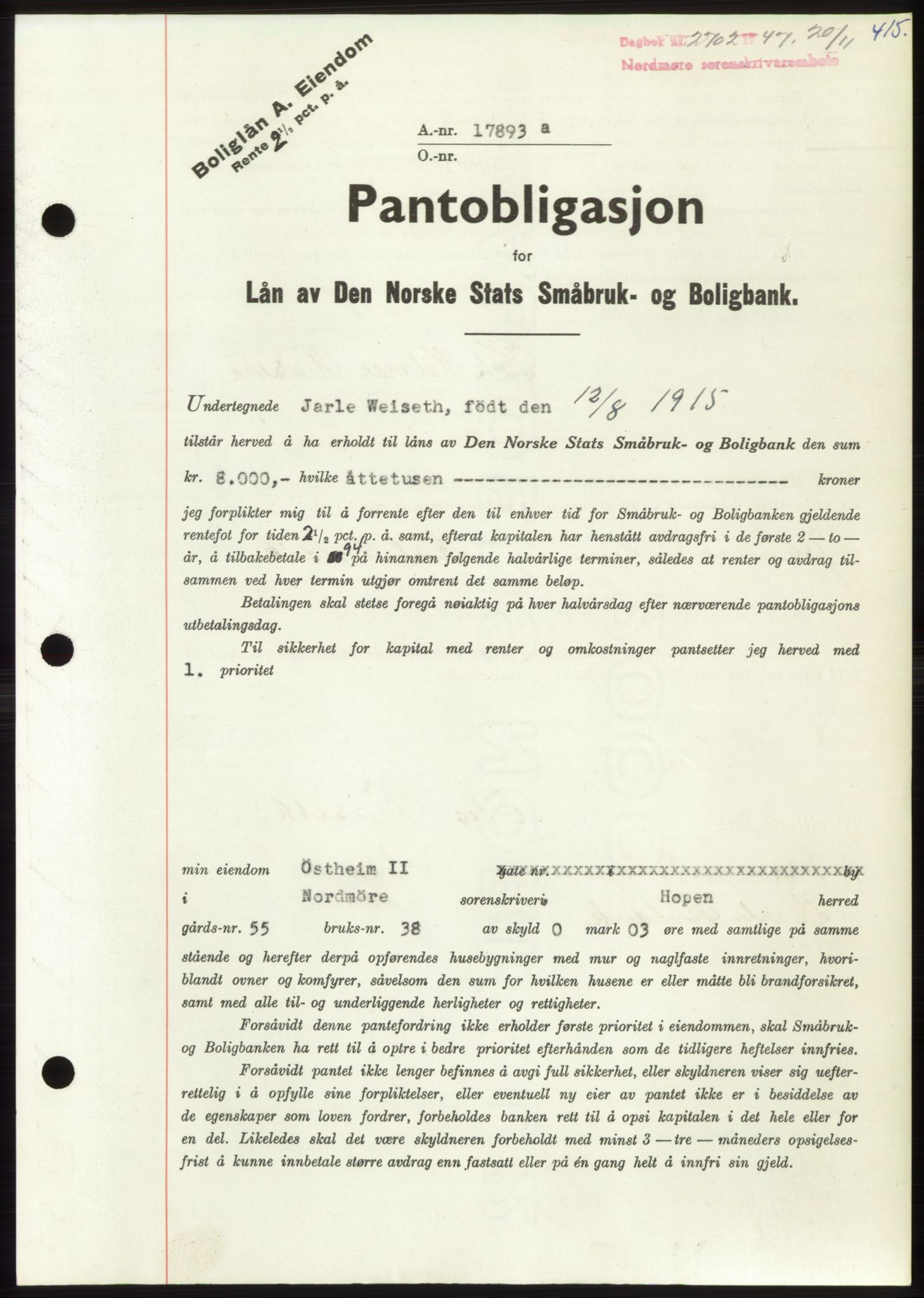 Nordmøre sorenskriveri, AV/SAT-A-4132/1/2/2Ca: Pantebok nr. B97, 1947-1948, Dagboknr: 2702/1947