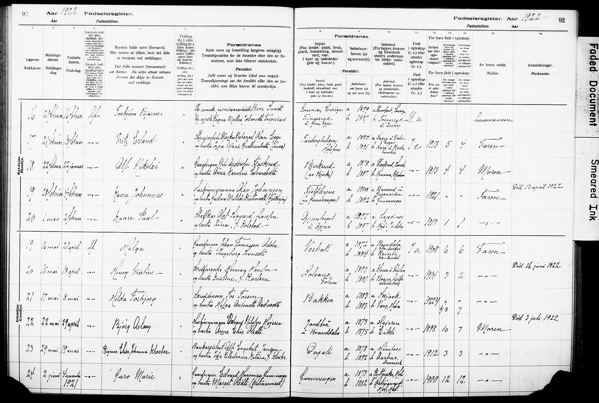 Norderhov kirkebøker, AV/SAKO-A-237/J/Ja/L0001: Fødselsregister nr. 1, 1916-1930, s. 92