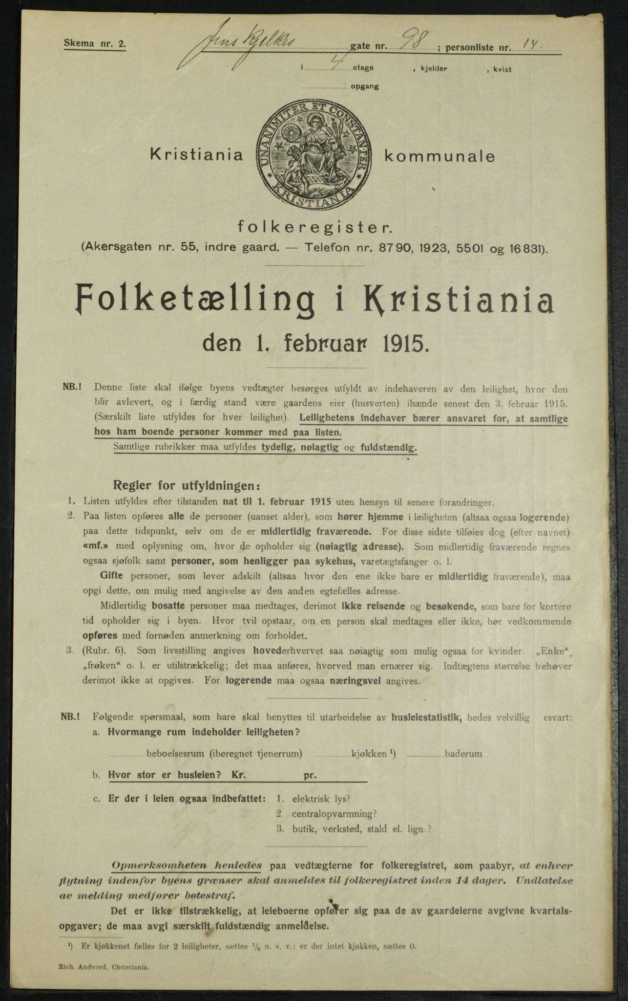 OBA, Kommunal folketelling 1.2.1915 for Kristiania, 1915, s. 46343