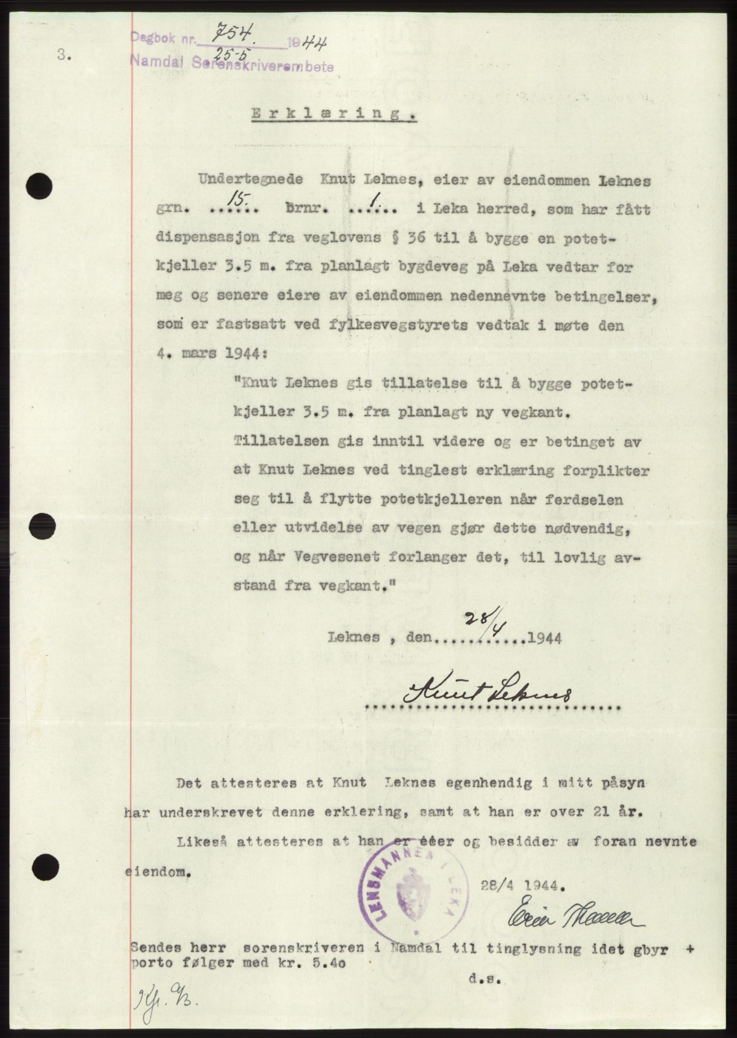Namdal sorenskriveri, SAT/A-4133/1/2/2C: Pantebok nr. -, 1944-1945, Dagboknr: 754/1944