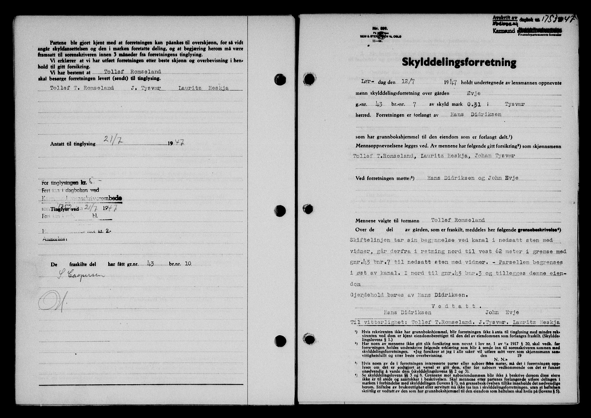 Karmsund sorenskriveri, SAST/A-100311/01/II/IIB/L0090: Pantebok nr. 70A, 1947-1947, Dagboknr: 1753/1947