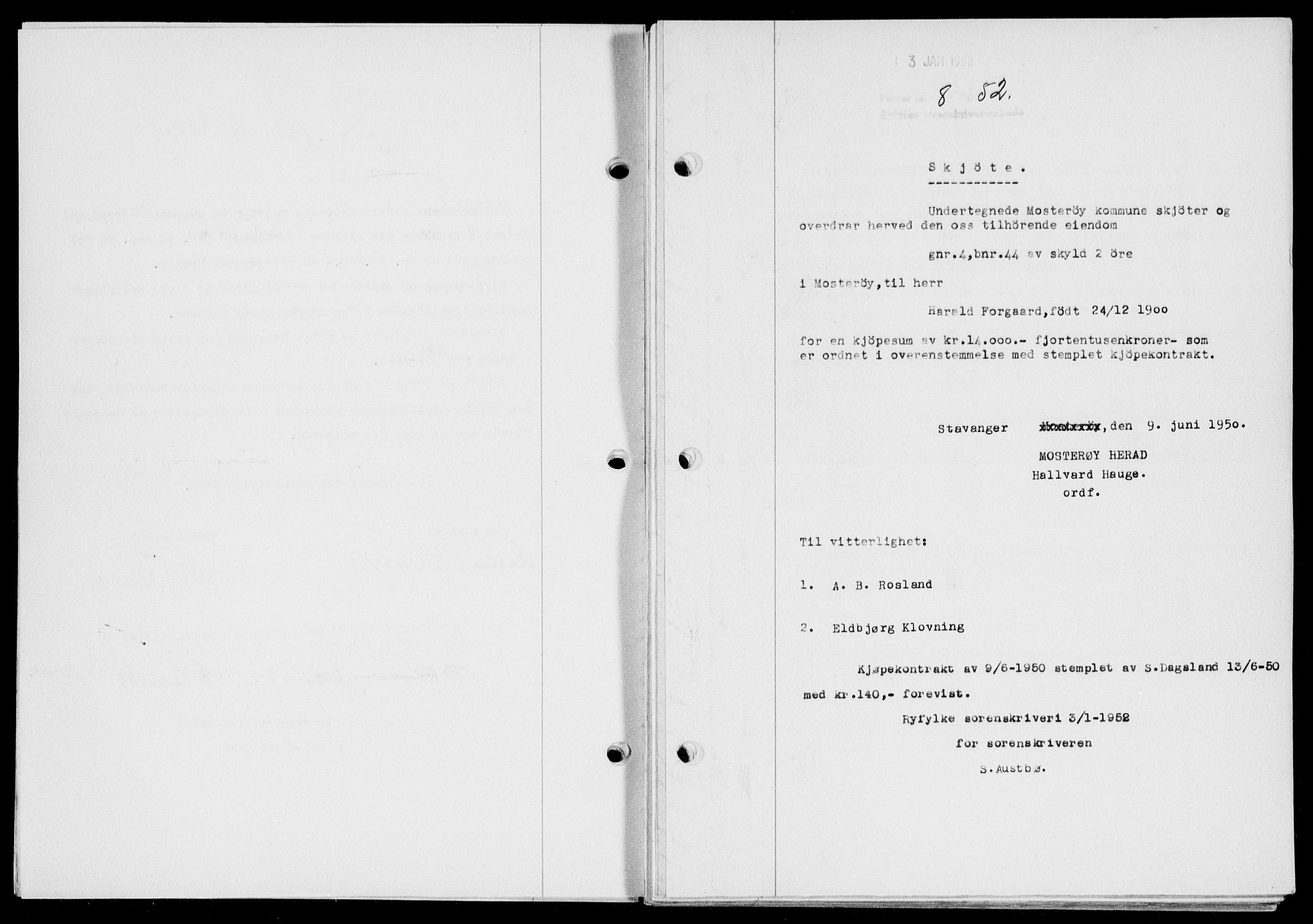 Ryfylke tingrett, SAST/A-100055/001/II/IIB/L0116: Pantebok nr. 95, 1951-1952, Dagboknr: 8/1952