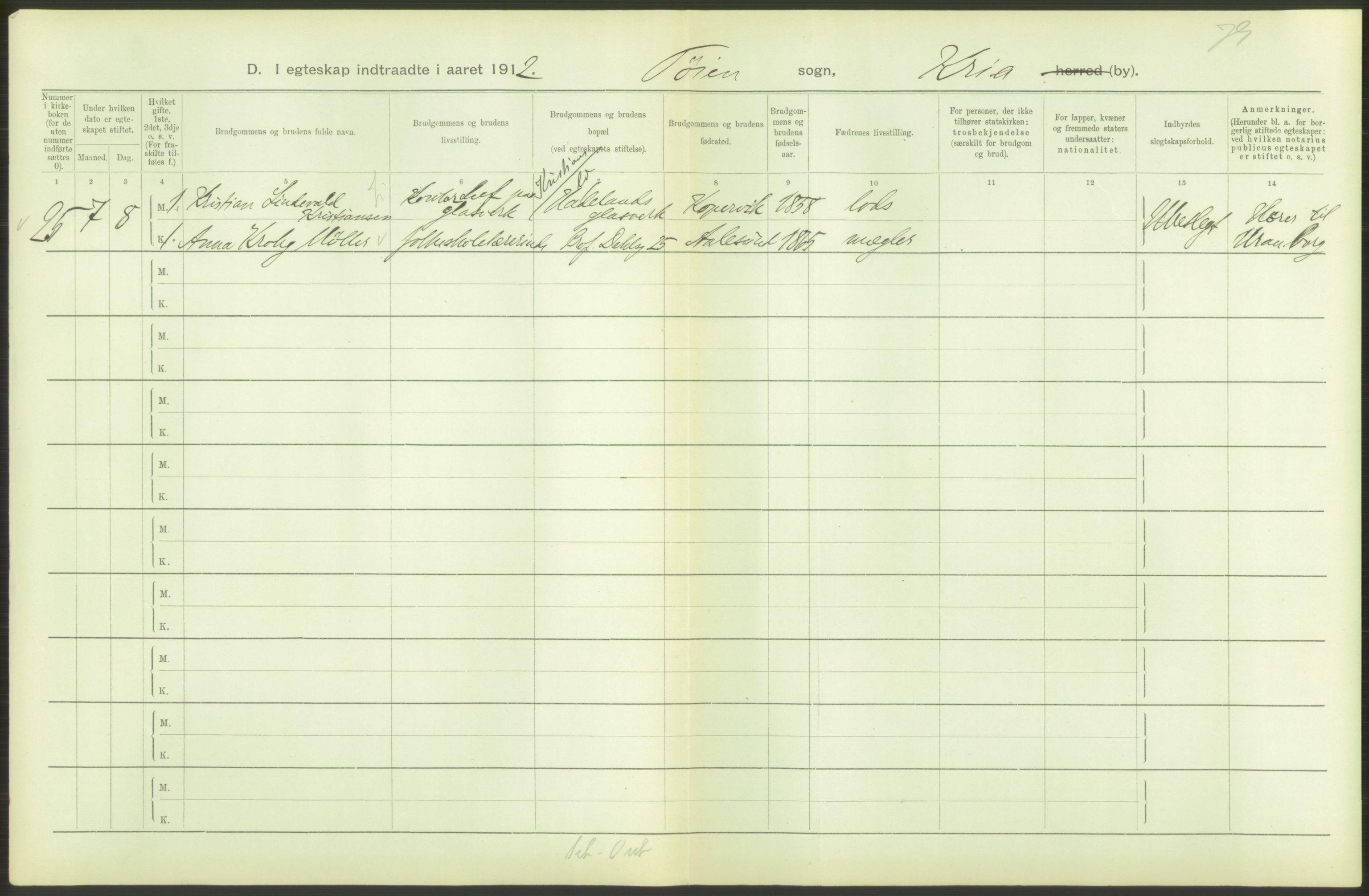 Statistisk sentralbyrå, Sosiodemografiske emner, Befolkning, AV/RA-S-2228/D/Df/Dfb/Dfbb/L0008: Kristiania: Gifte, 1912, s. 46