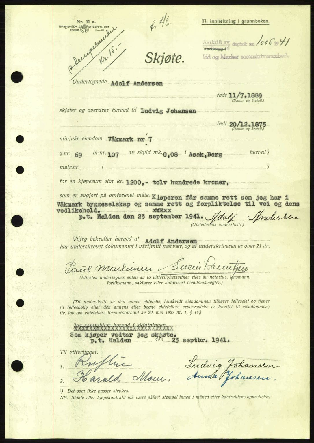 Idd og Marker sorenskriveri, AV/SAO-A-10283/G/Gb/Gbb/L0004: Pantebok nr. A4, 1940-1941, Dagboknr: 1005/1941