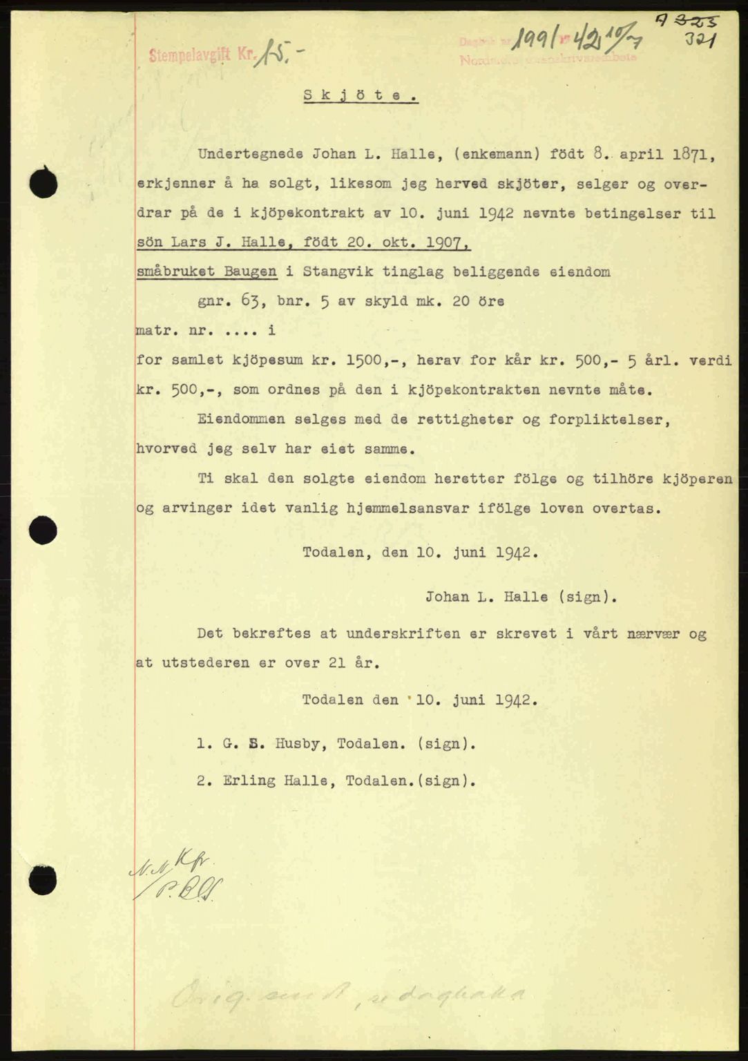 Nordmøre sorenskriveri, SAT/A-4132/1/2/2Ca: Pantebok nr. A93, 1942-1942, Dagboknr: 1891/1942